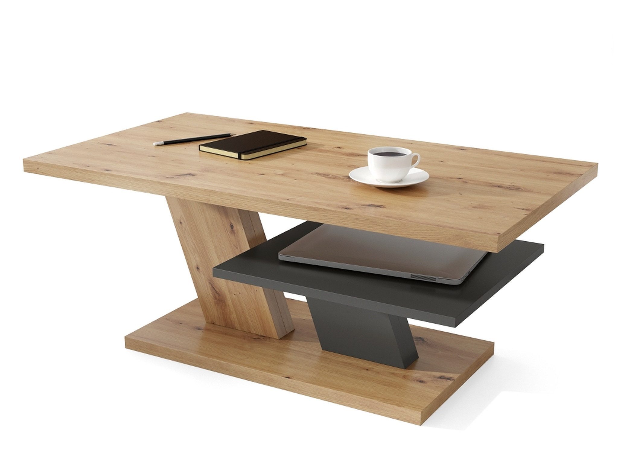 Mazzoni Couchtisch Cliff Eiche Artisan / Anthrazit Grau matt Wohnzimmertisc günstig online kaufen