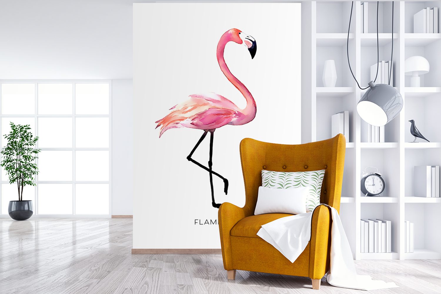 Wohnzimmer, - Flamingo Wandtapete Fototapete Vinyl Matt, (3 St), Zeichnung Tapete - Rosa, bedruckt, Montagefertig für MuchoWow