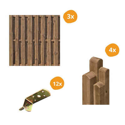 Mega-Holz Sichtschutzelement Bohlenzaun Set NATURA Braun 3 Zäune,4 Pfosten,12 Flechtzaunhalter, (Sparset, 19-St), Witterungsbeständigkeit