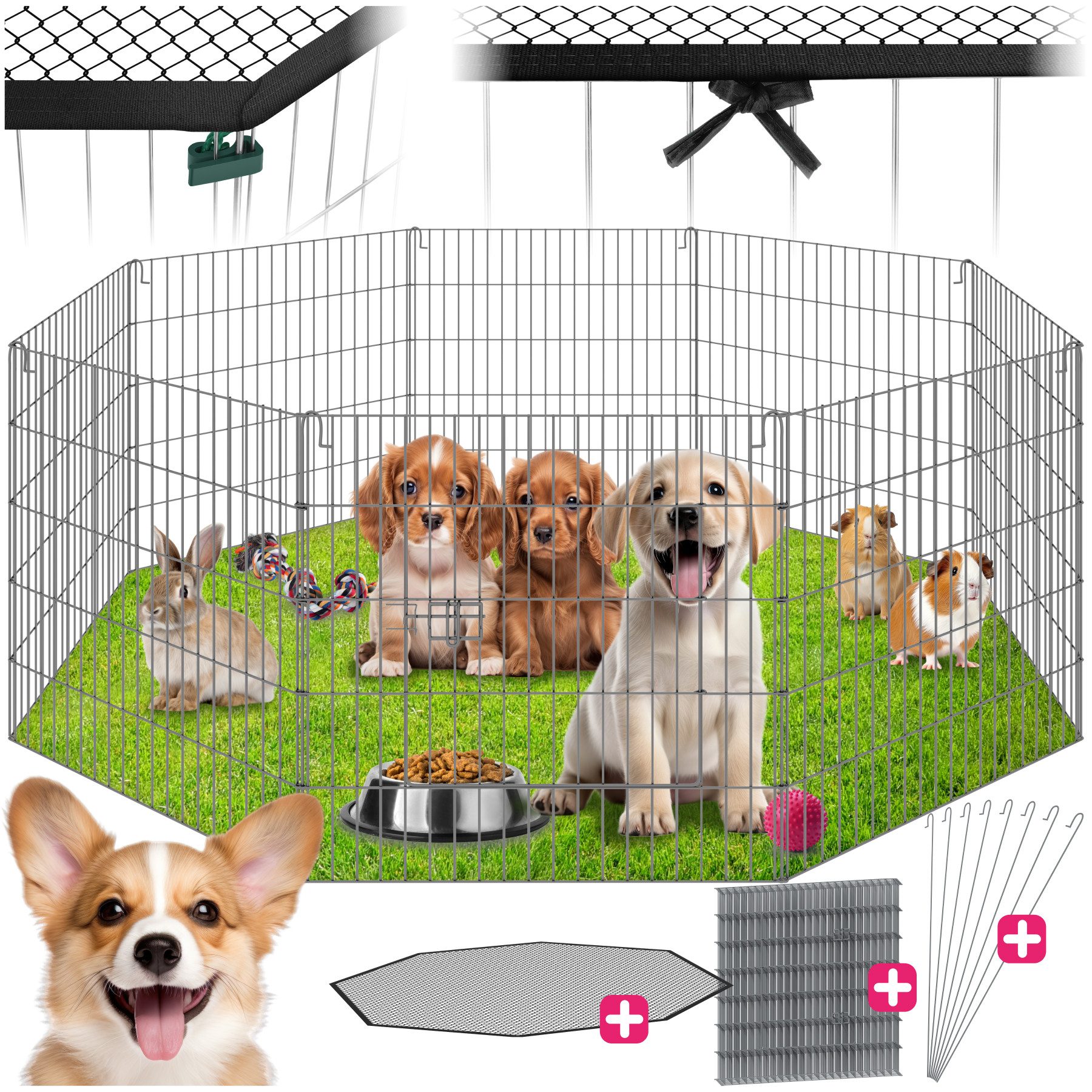 tectake Freigehege Tierauslauf, 145 x 73 cm, Sicherheitsnetz, große Tür mit, Aus 8 Gitterelementen, variable Montage im Stecksystem, erweiterbar