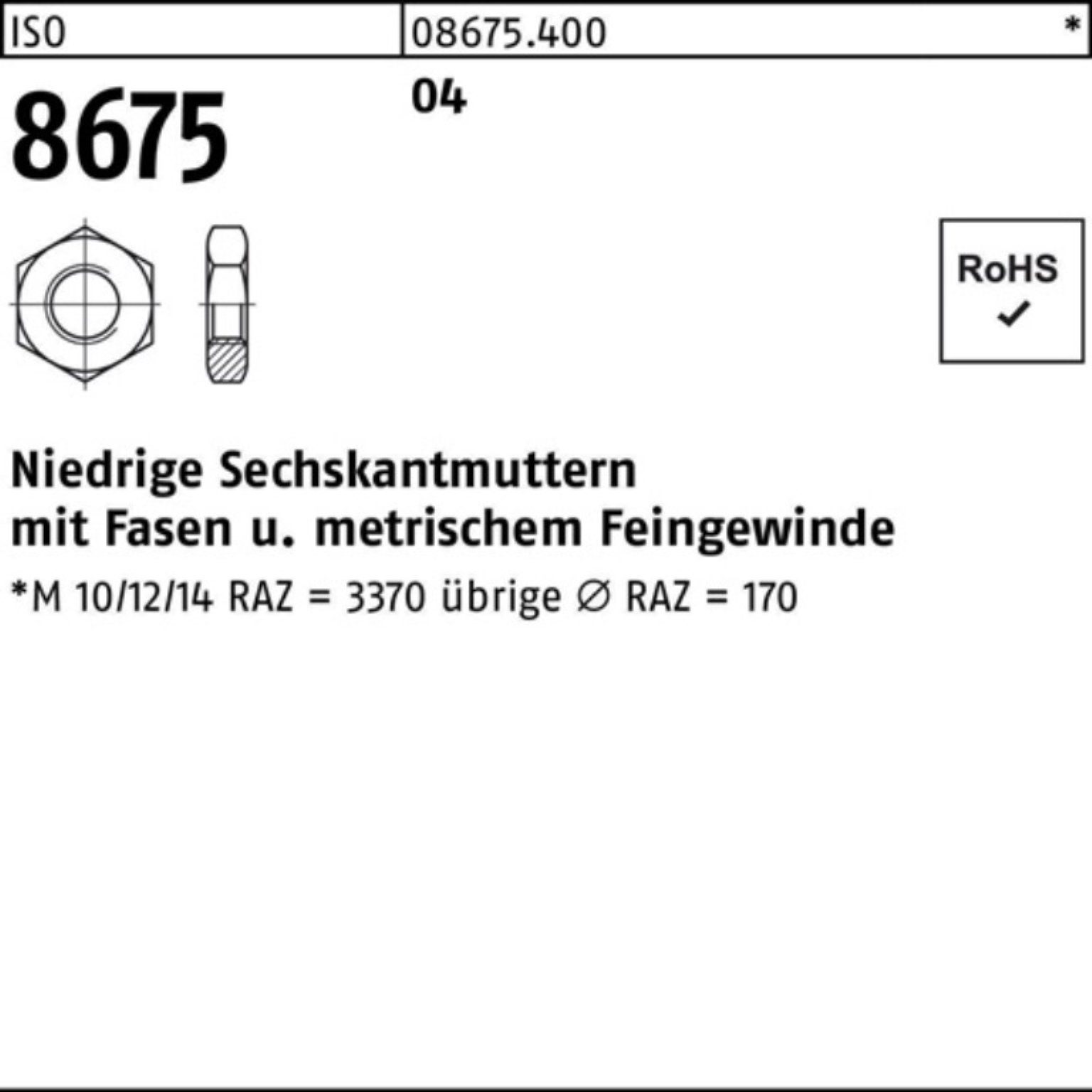 Reyher Muttern 100er Pack Sechskantmutter ISO 8675 Fasen M12x 1,5 Automatenstahl 100