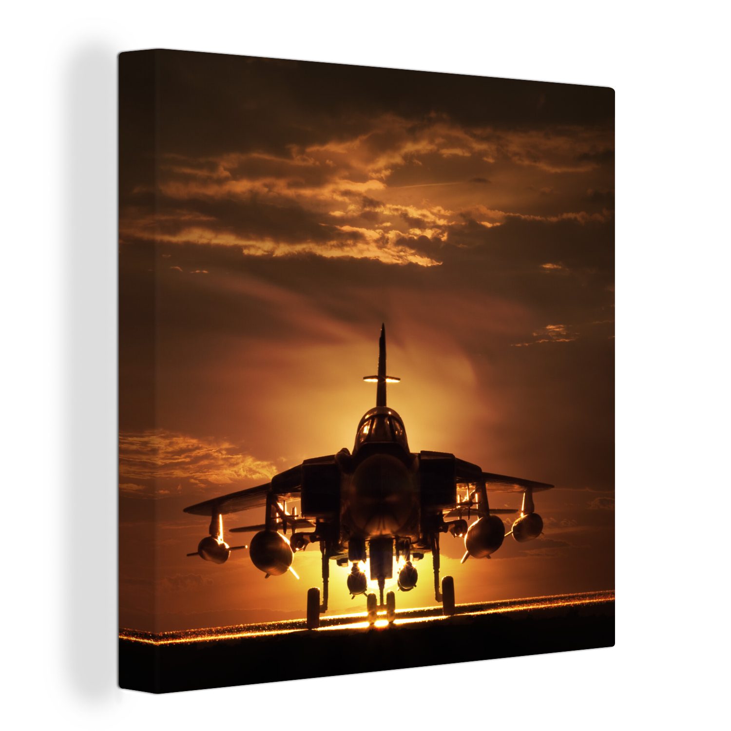 OneMillionCanvasses® Leinwandbild Die Silhouette eines Kampfjets bei Sonnenuntergang, (1 St), Leinwand Bilder für Wohnzimmer Schlafzimmer