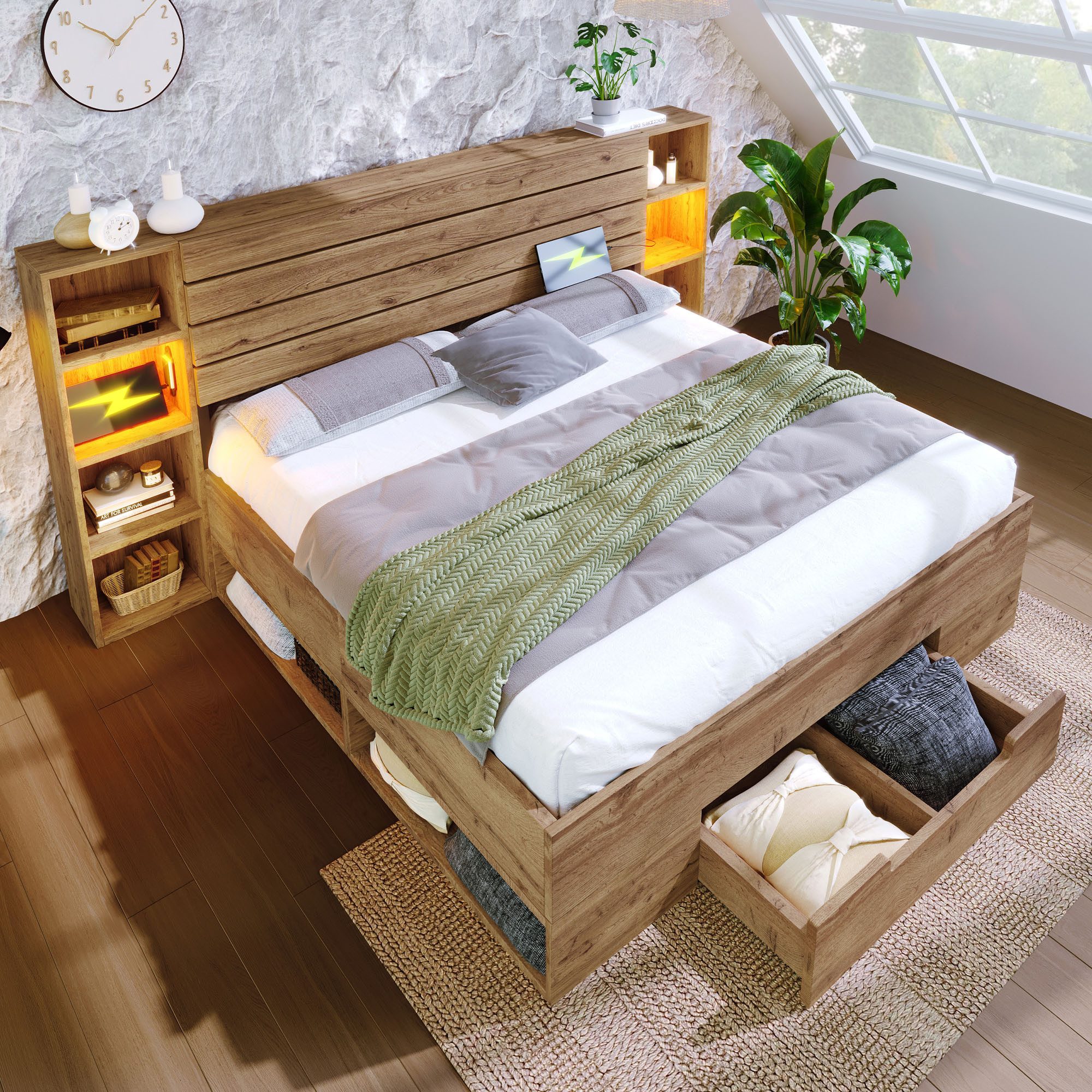 MODFU Holzbett Stauraumbett mit LED Kopfteil (Funktionsbett, Doppelbett, 1-tlg., 160×200cm, ohne Matratze), mit LED-Beleuchtung und USB/Type C