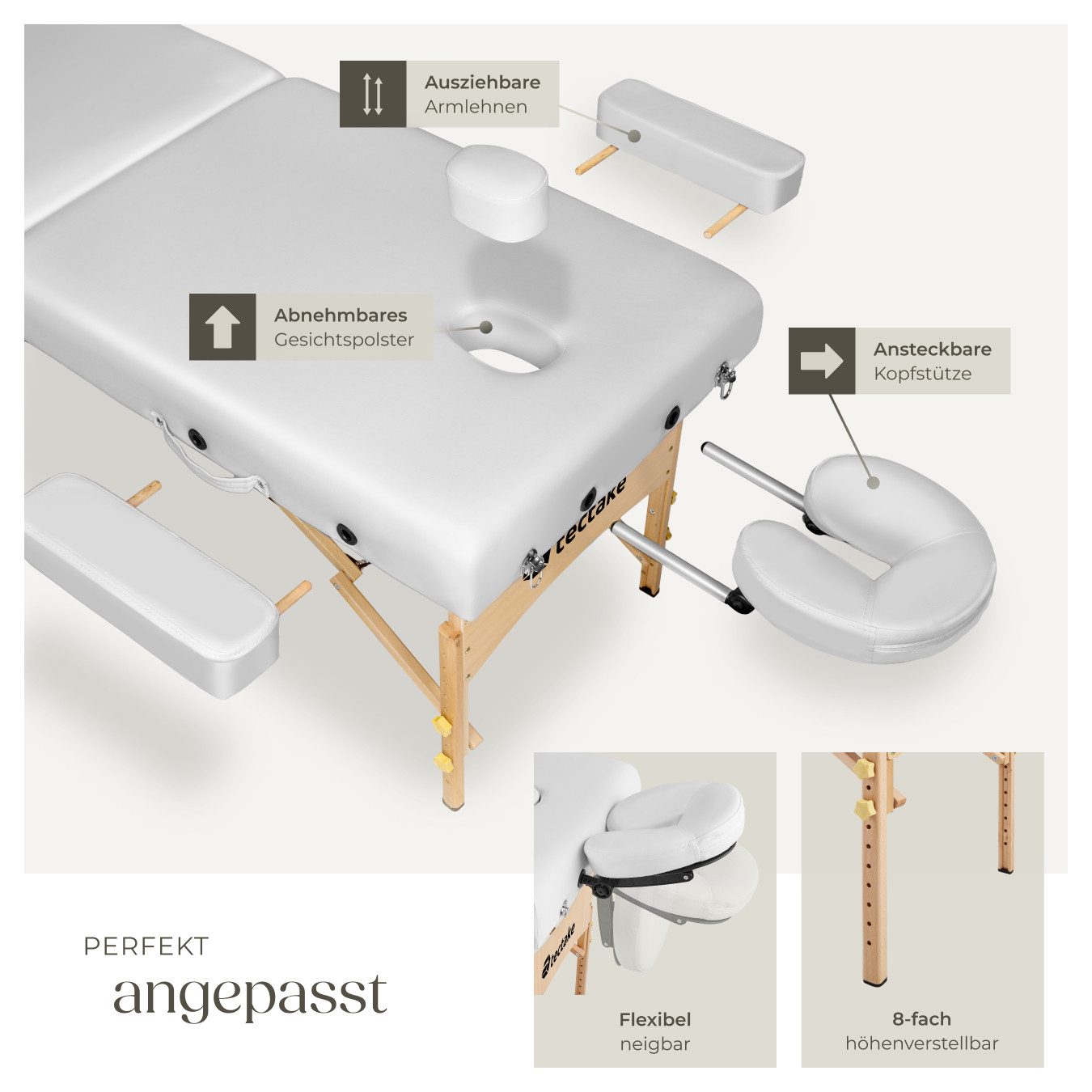 tectake Massageliege 2-Zonen-Liegen-Set 187 x 59 x 65,50 cm, 59 cm breit, 7,5-cm-Polster (Massagebank-Set Suman, 1-St., in weiß), Holz, klapp-/höhenverstellbar, Kopf-/Armablagen, Rollen und Tasche