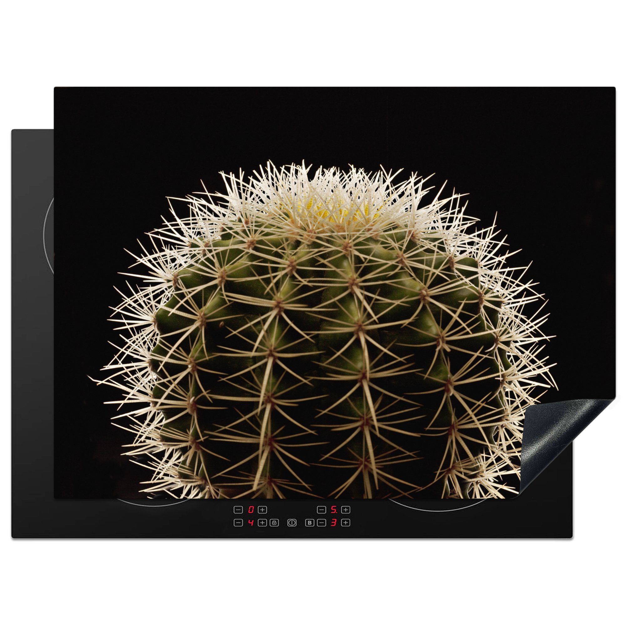 die Herdblende-/Abdeckplatte schwarzem für eines Eine Ceranfeldabdeckung küche, tlg), Vinyl, Schutz Kaktus MuchoWow auf Hintergrund, dornigen Induktionskochfeld 71x52 cm, (1 Nahaufnahme