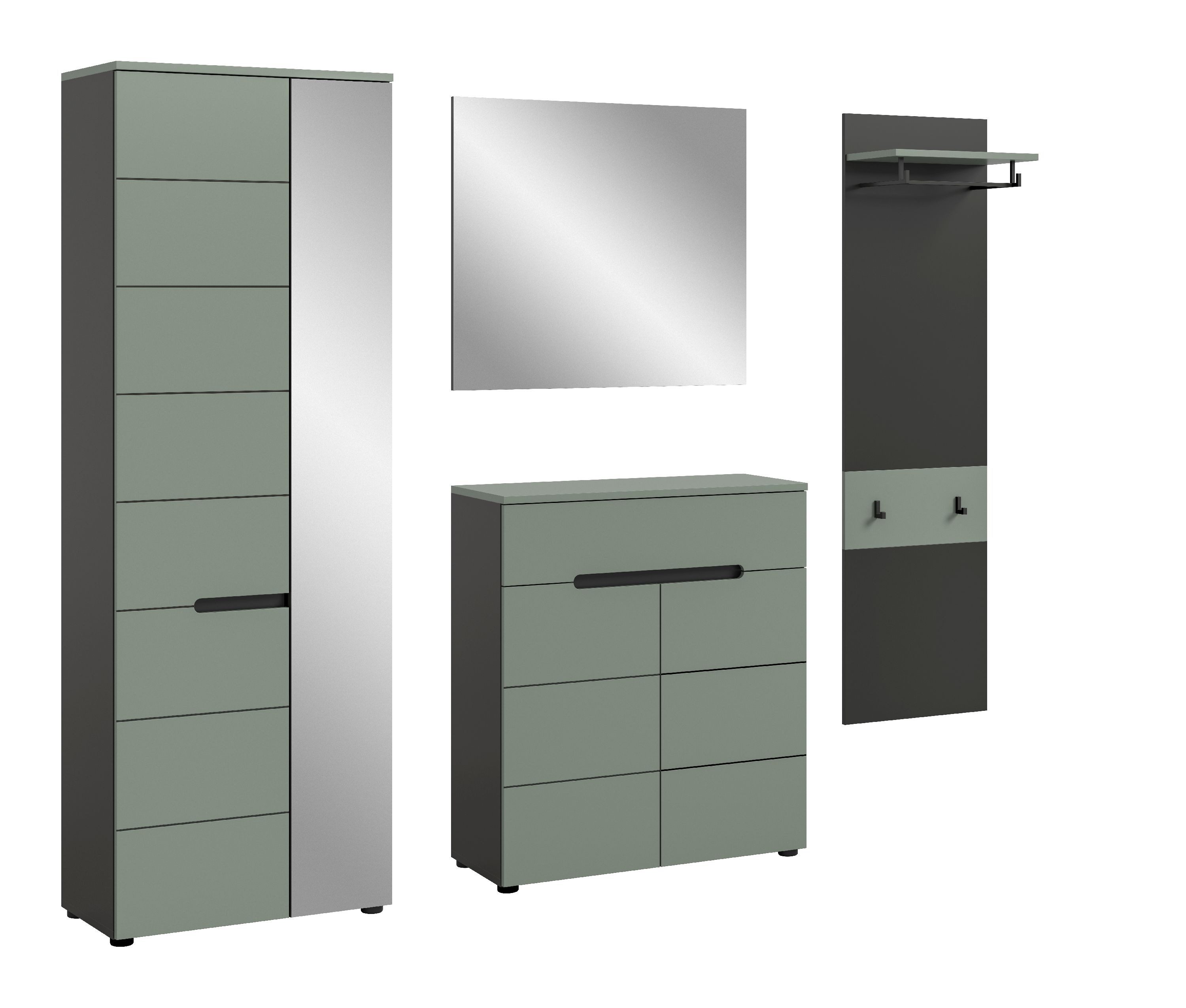 xonox.home Garderoben-Set, (4tlg. Set inkl. Garderobenschrank, Paneel, Schuhkommode, Spiegel), Smoke Green Melamin beschichtet modern 220x190x37 cm