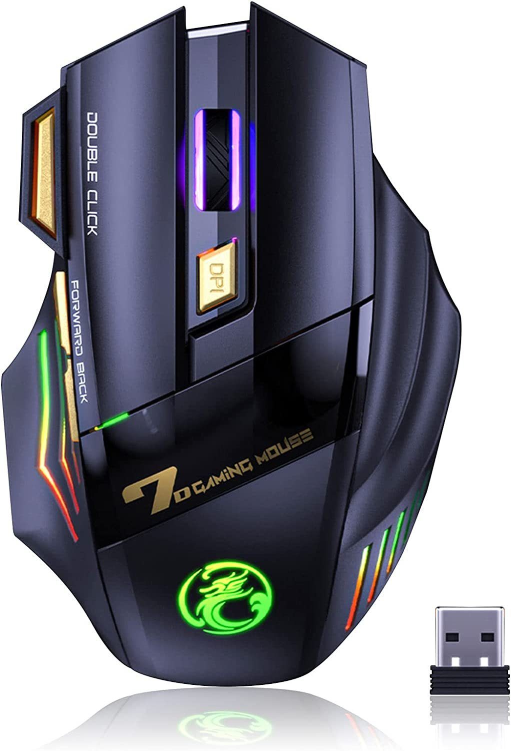 Wireless Gaming Maus,2.4G USB-Empfänger,3 einstellbare DPI,7 Tasten Gaming-Maus