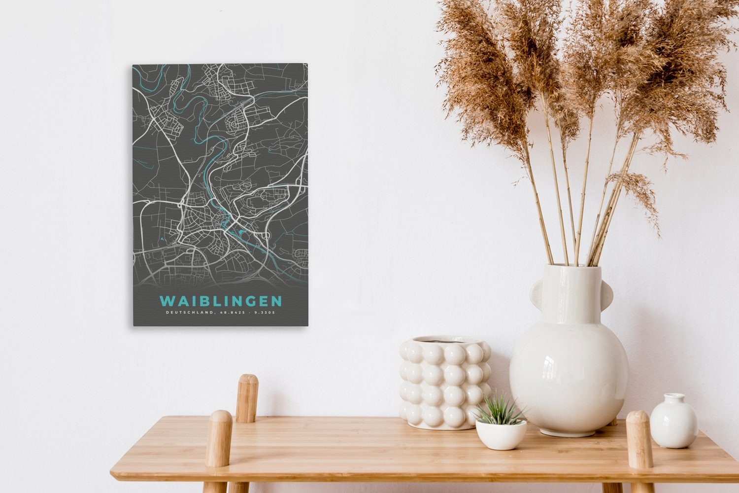 Gemälde, - fertig Karte, Blau Zackenaufhänger, - St), 20x30 Waiblingen bespannt Leinwandbild - cm Stadtplan - (1 OneMillionCanvasses® inkl. Deutschland Leinwandbild