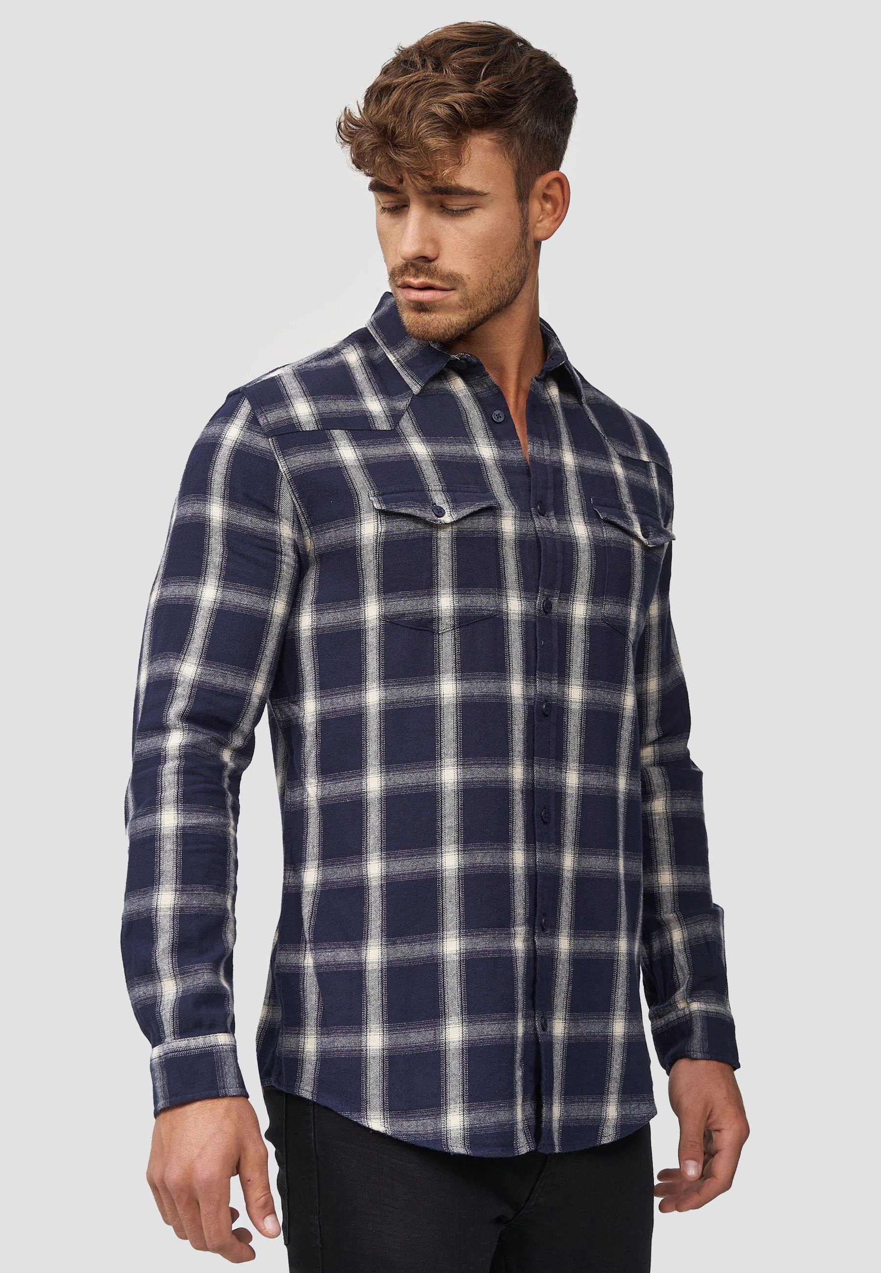 Indicode Langarmhemd Herren Altin Herrenhemd Langarm Flanellhemd im Karo-Design