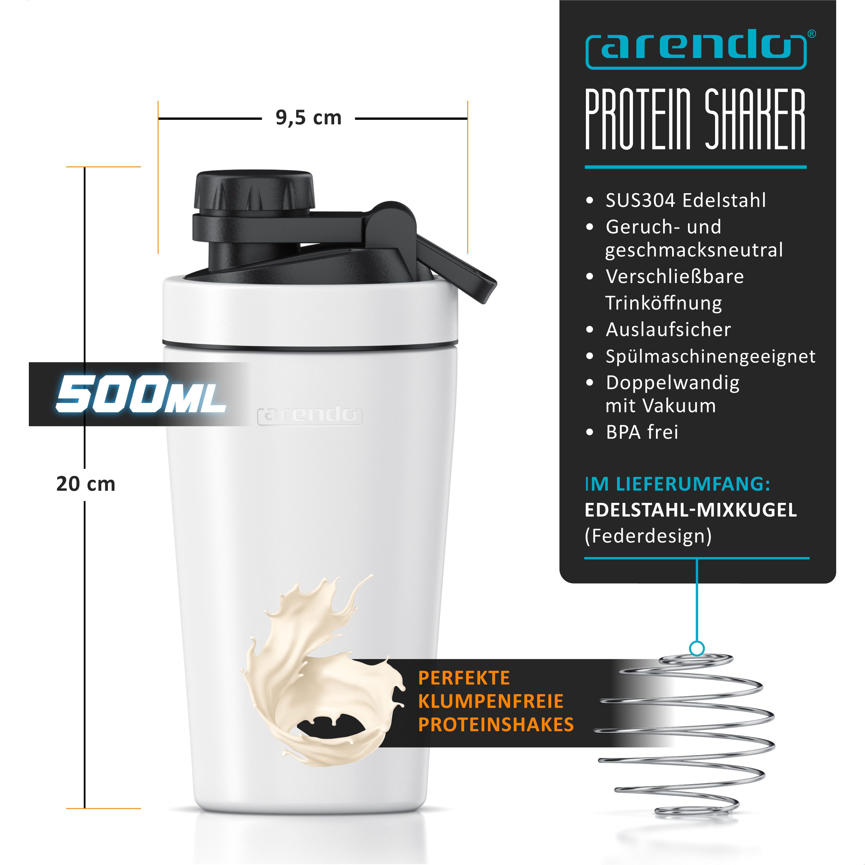 Arendo Protein Shaker Edelstahl Eiweißshaker 500 ml, verschließbar, bruchfest, BPA-frei, Edelstahl, auslaufsicher, spülmaschinengeeignet, mit Tragegriff und Mixball