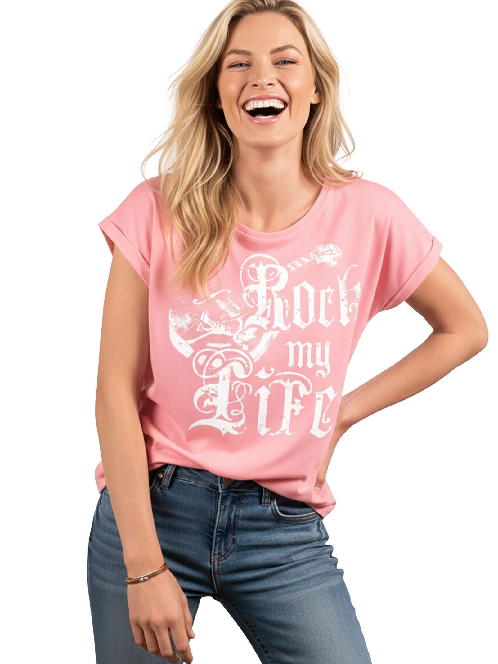MAKAYA Print-Shirt Ausgefallene T-Shirts Damen lässige Oberteile Top Gitarrenmotiv Tunika (Rock Band Motiv, schwarz, grau, rosa, blau) große Größen