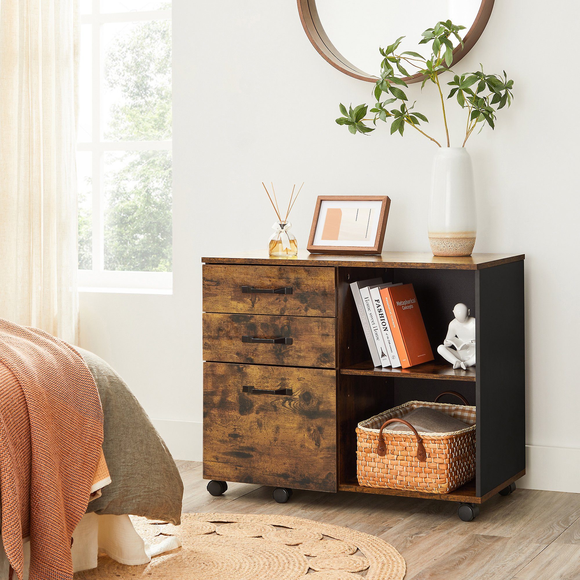 VASAGLE Aktenschrank Rollcontainer Aktenschrank mit 3 Schubladen und Rollen Industrie-Design, offene Fächer, Druckerständer – Bild 4 von 5