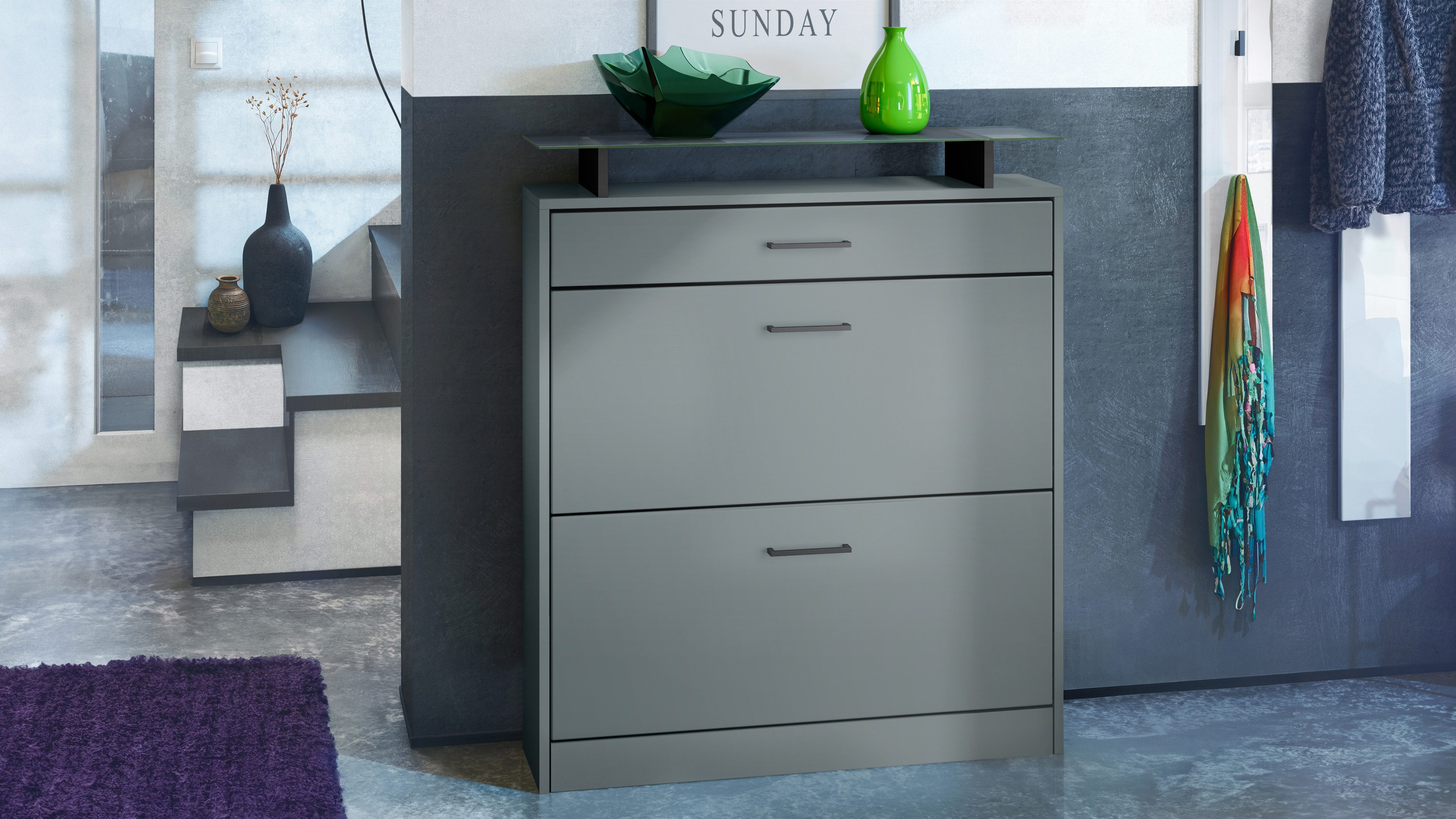 Vladon Schuhschrank Enigma (Schuhkipper, für 16 Paar Schuhe mit 2 Klappen und 1 Schublade und Glasablage) Fjord Grün (89 x 104 x 23 cm)