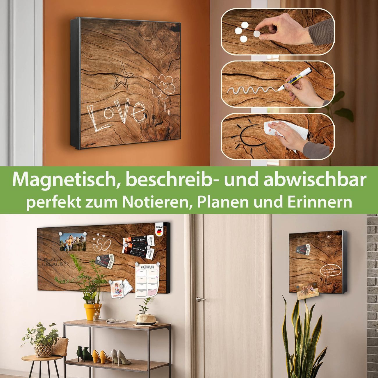 banjado Schlüsselkasten aus Glas mit Motiv Trockenes Holz (Stahl Gehäuse, mit 50 Haken, beschreibbar & magnetisch), 30 x 30 x 5 cm