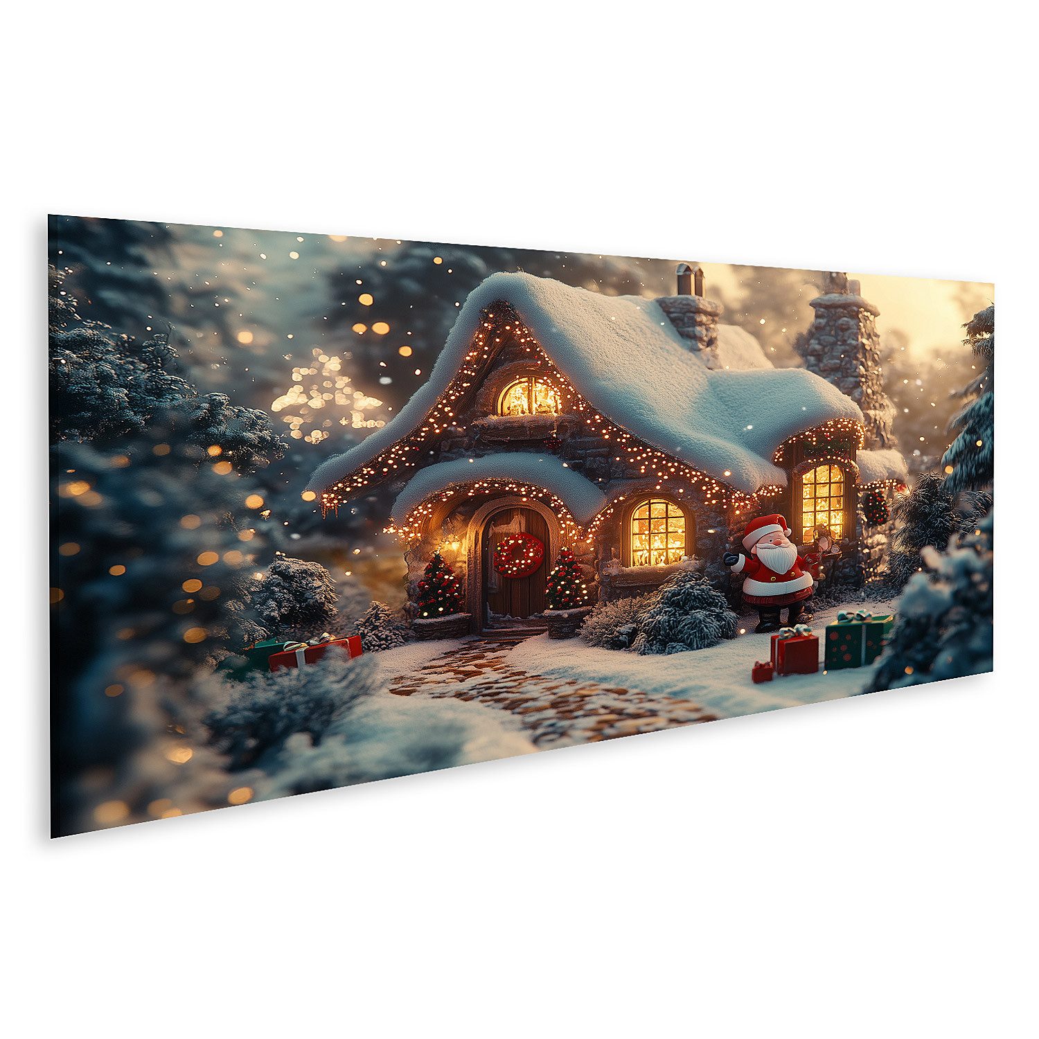 islandburner Leinwandbild Weihnachtshaus im verschneiten Wald mit Santa Claus