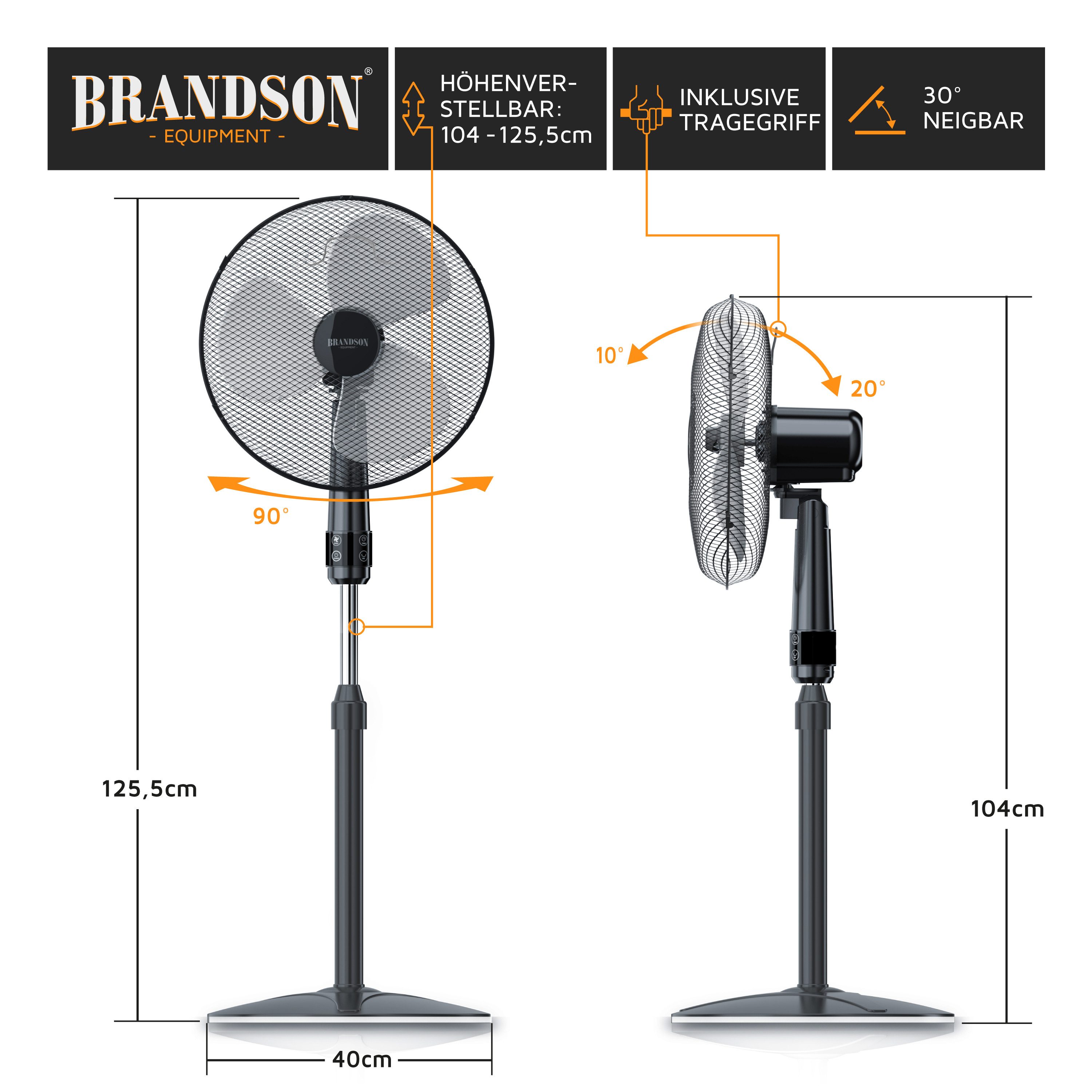 Brandson Standventilator Fernbedienung, leise, Höhe & Neigung verstellbar, NTV Sieger 2026, 40,5 cm Durchmesser, Oszillation, mobiler Lüfter 50W, 3 Geschwindigkeitsstufen, GS-Geprüft