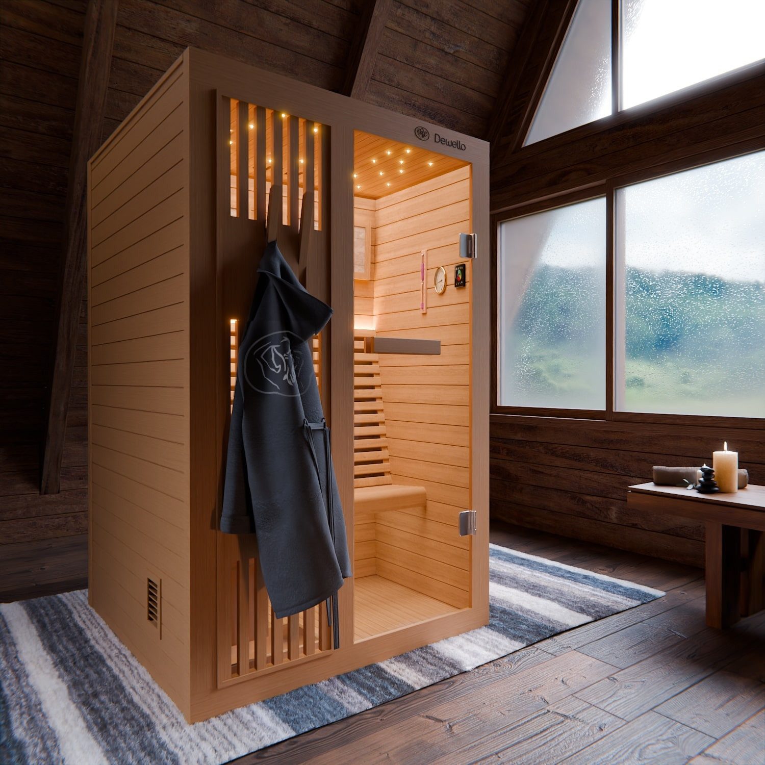 Dewello Sauna MINTO 120x120 Finnische Sauna, 2 Personen, Saunaofen, Harvia 3,5KW, BxTxH: 120 x 120 x 190 cm