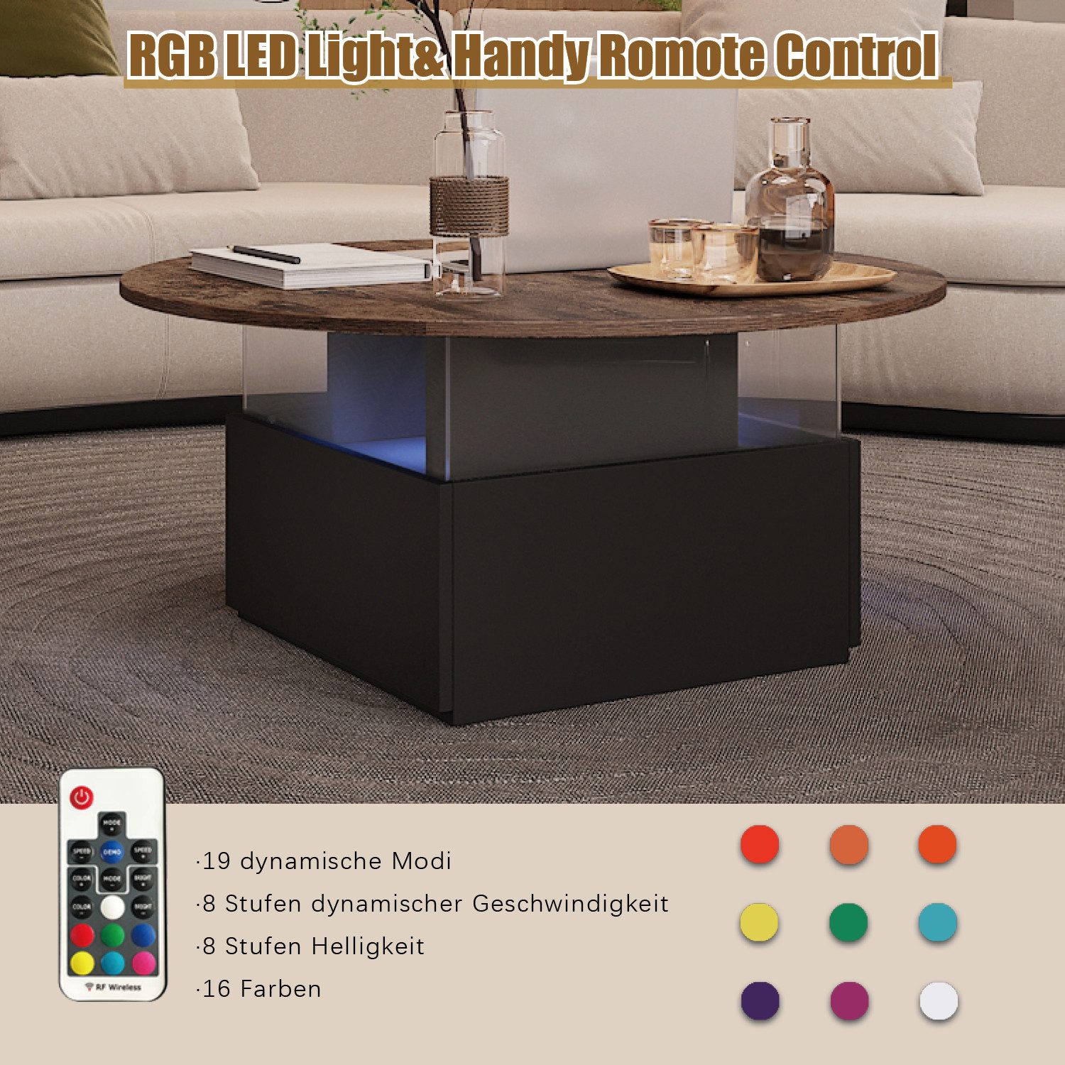 radelldar Couchtisch mit LED-Beleuchtung und 2 Schubladen, Wohnzimmertisch 80x40cm (1-St), Beistelltisch mit runder Platte und extra Ausstellungsfläche – Bild 5 von 5
