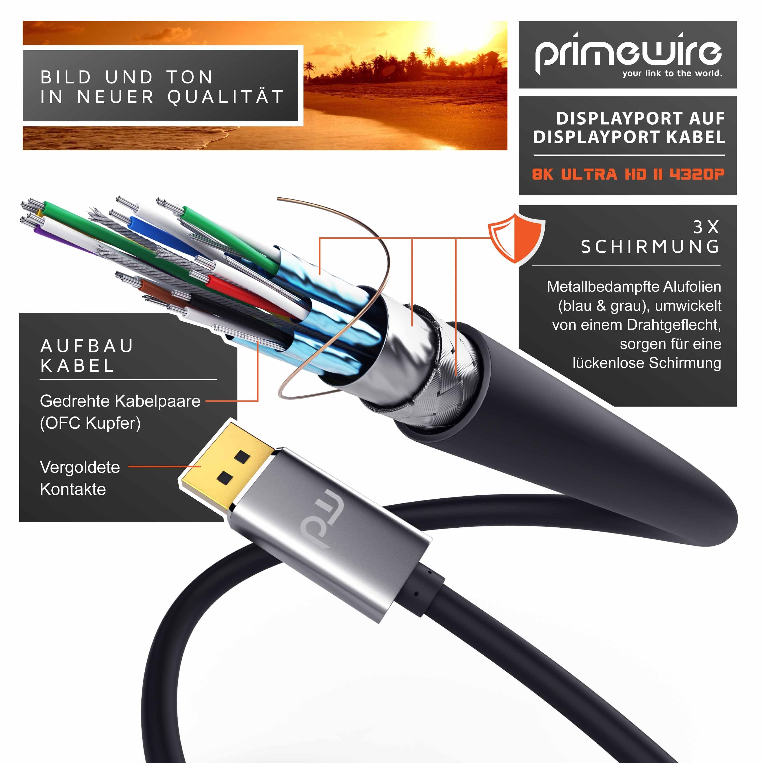 Primewire Audio- & Video-Kabel, DisplayPort, DP 1.4 (100 cm), Premium Monitor Kabel 8K 7680 x 4320 @ 60 Hz mit DSC - 1m