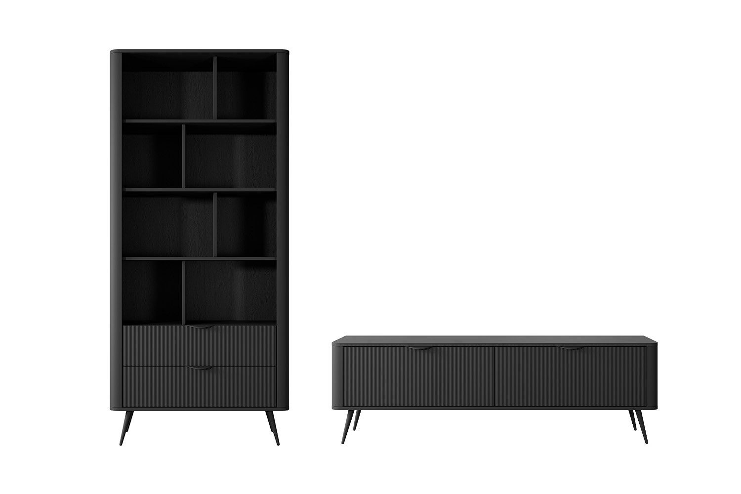Feldmann-Wohnen Wohnwand Lante, (Schubladen mit Kugelvollauszug, Holzböden, Klapptüren, ABS Kanten, 2-St., Metallgriffe und -füße in schwarz, Fronten geriffelte Wellenoptik), Farbe schwarz, 2-teilig, 1x Standregal und 1x Lowboard