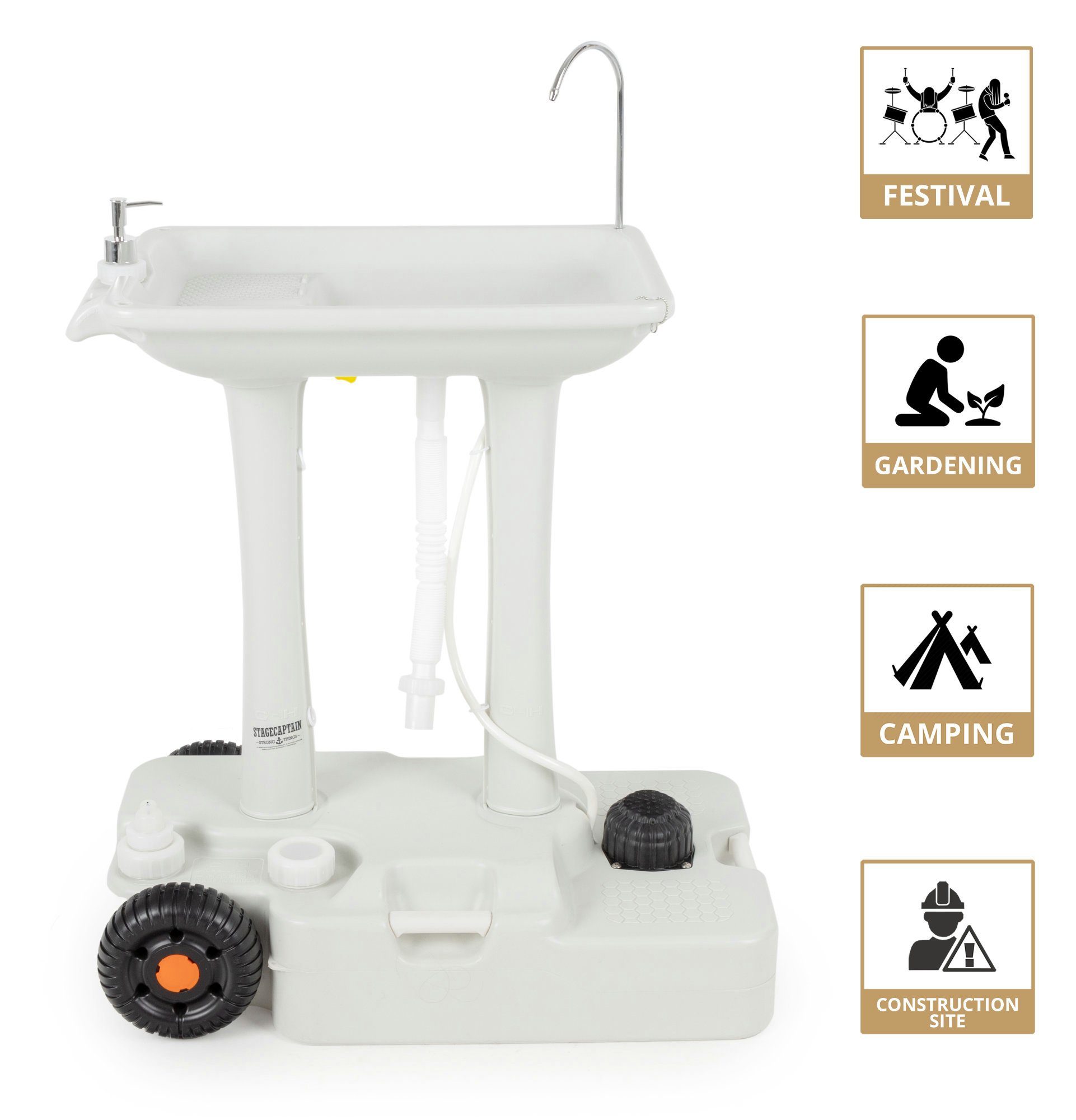 Stagecaptain Waschbecken PSW-30 Portables Festival Camping-Waschbecken (Deluxe Set, 2-St., inkl. Spender, Handtuchhalter und Abwasser-Kanister), Spülbecken mit 30 Liter Frischwassertank
