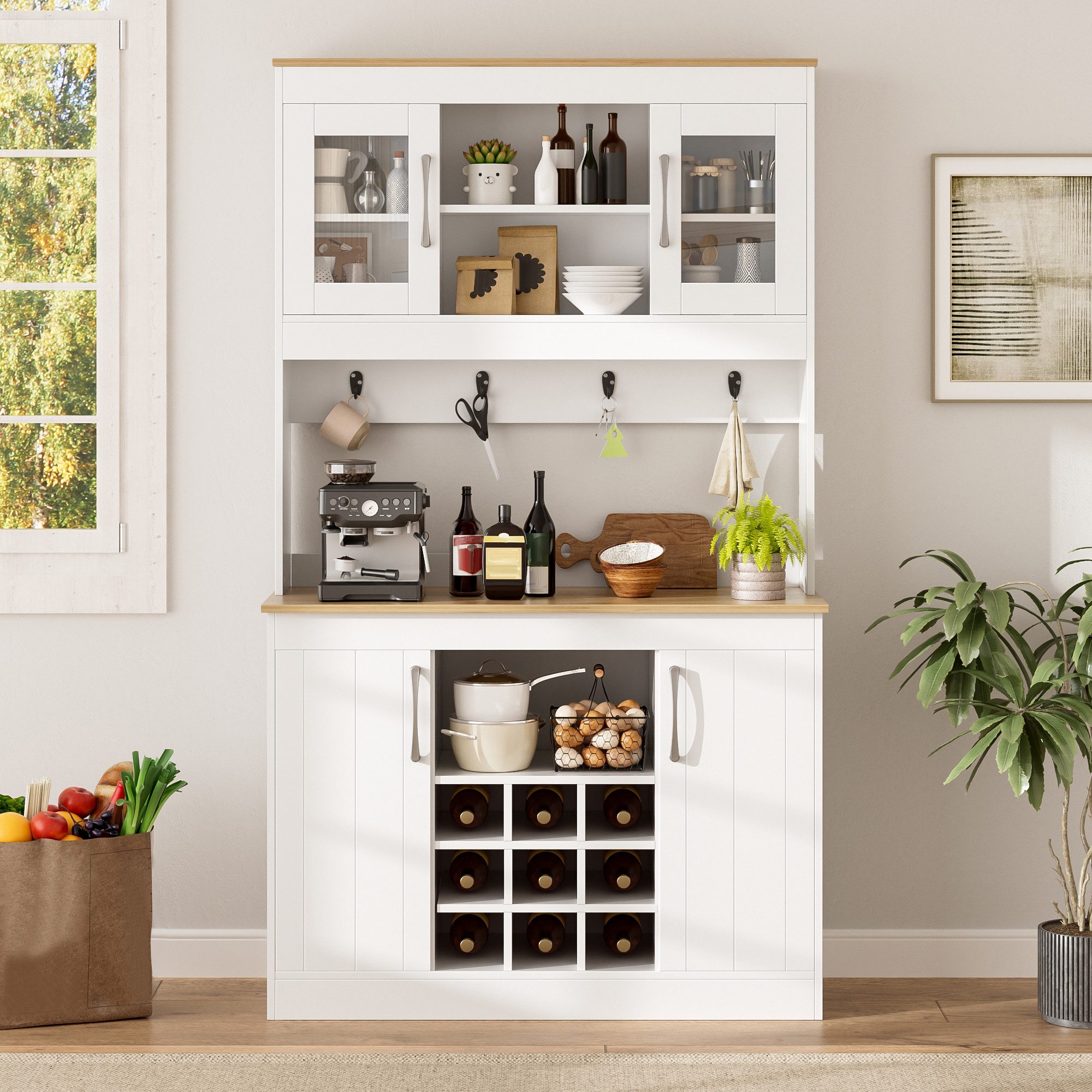Odikalo Küchenbuffet Küchenschrank Hochschrank mit Regalen und Stauraum (mit Aufsatz 175 Küchenschrank mit Glastüren Weinregal und Hakenleiste großer Geschirrschrank Vorratsschrank Küchenschrank für Küche Esszimmer Wohnzimmer)