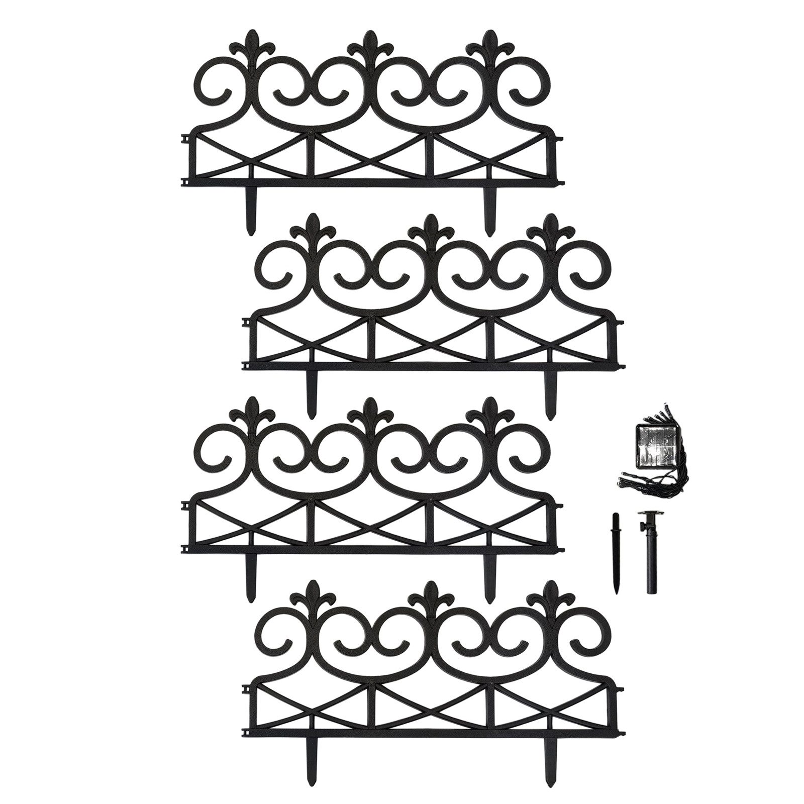 HTI-Living Zierzaun Zierzaun Nessa Solar Lilie 4-teilig Schwarz, (Set, 4-St., 4 Zaunelemente inkl. Solarbeleuchtung), Beeteinfassung Kunststoff witterungsbeständig