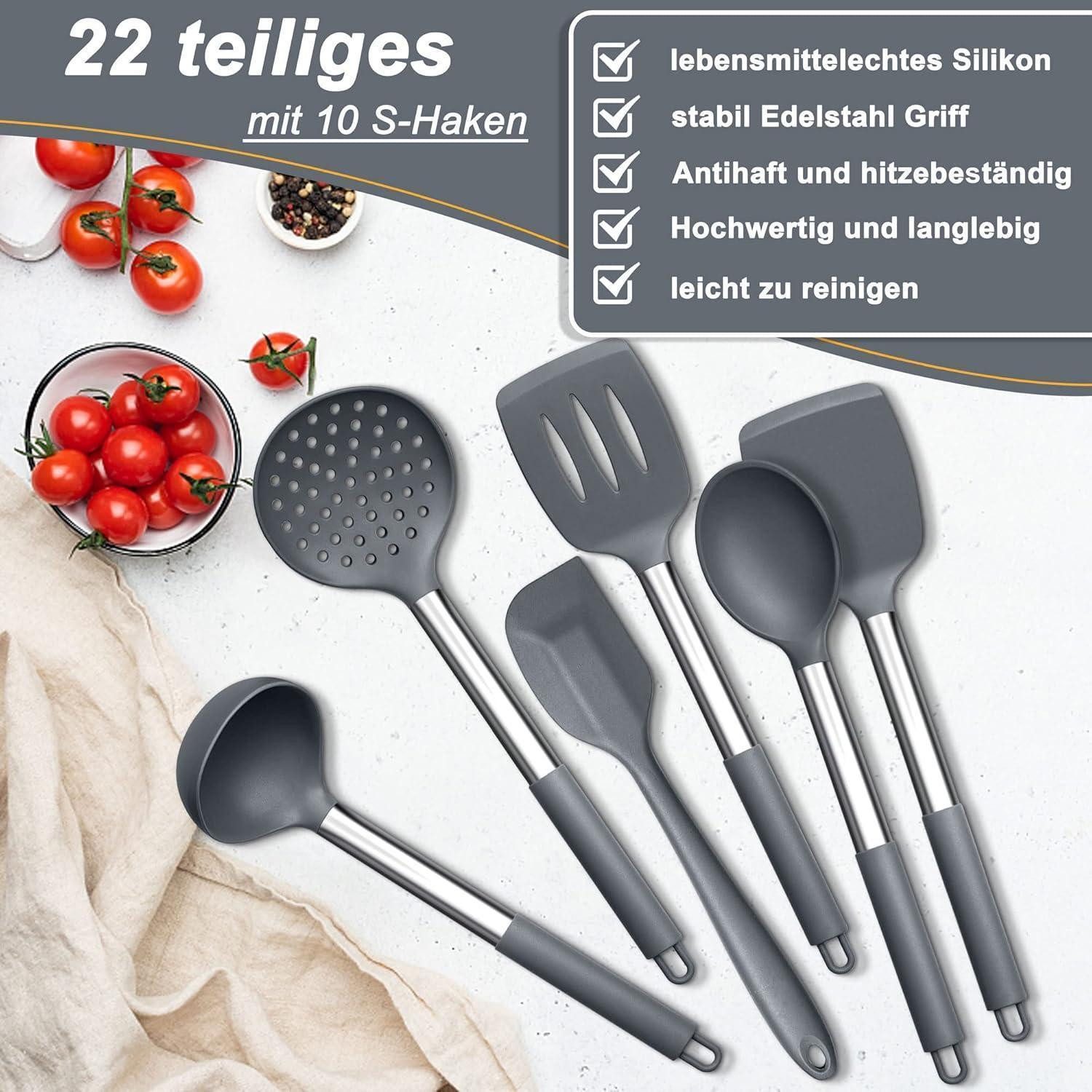 LuxusKollektion Kochbesteck-Set Küchenhelfer Silikon 22teilig Kochbesteck Antihaft Grau