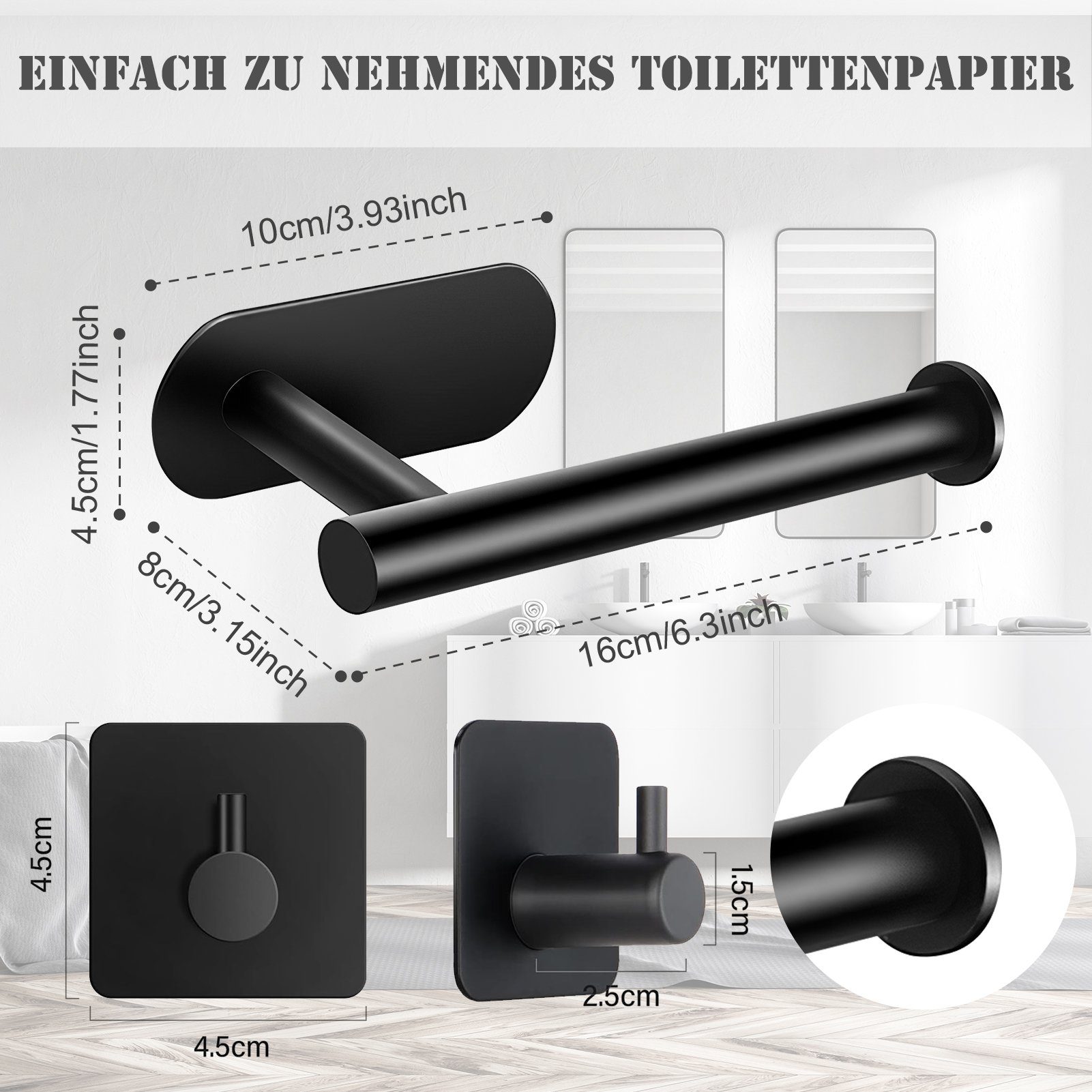 MDHAND Toilettenpapierhalter Edelstahl Toilettenpapierhalter (3-St), selbstklebenden 2 Handtuchhaken Mit