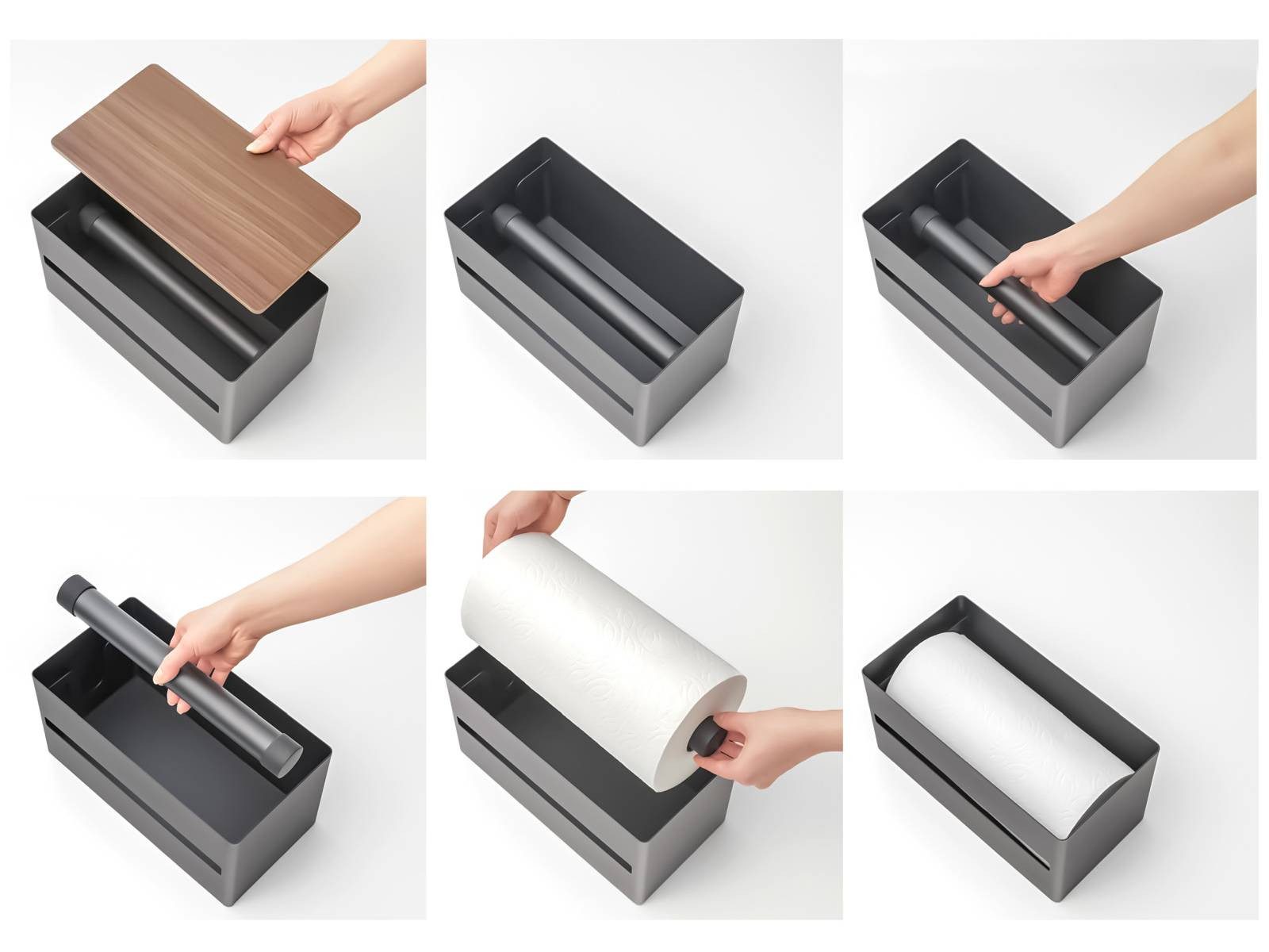 Yamazaki Küchenrollenhalter Rin Design Rollenhalter Küchenrolle quer stehend mit Ablage aus Holz, hochwertig aus Metall im Querformat mit Holzablage