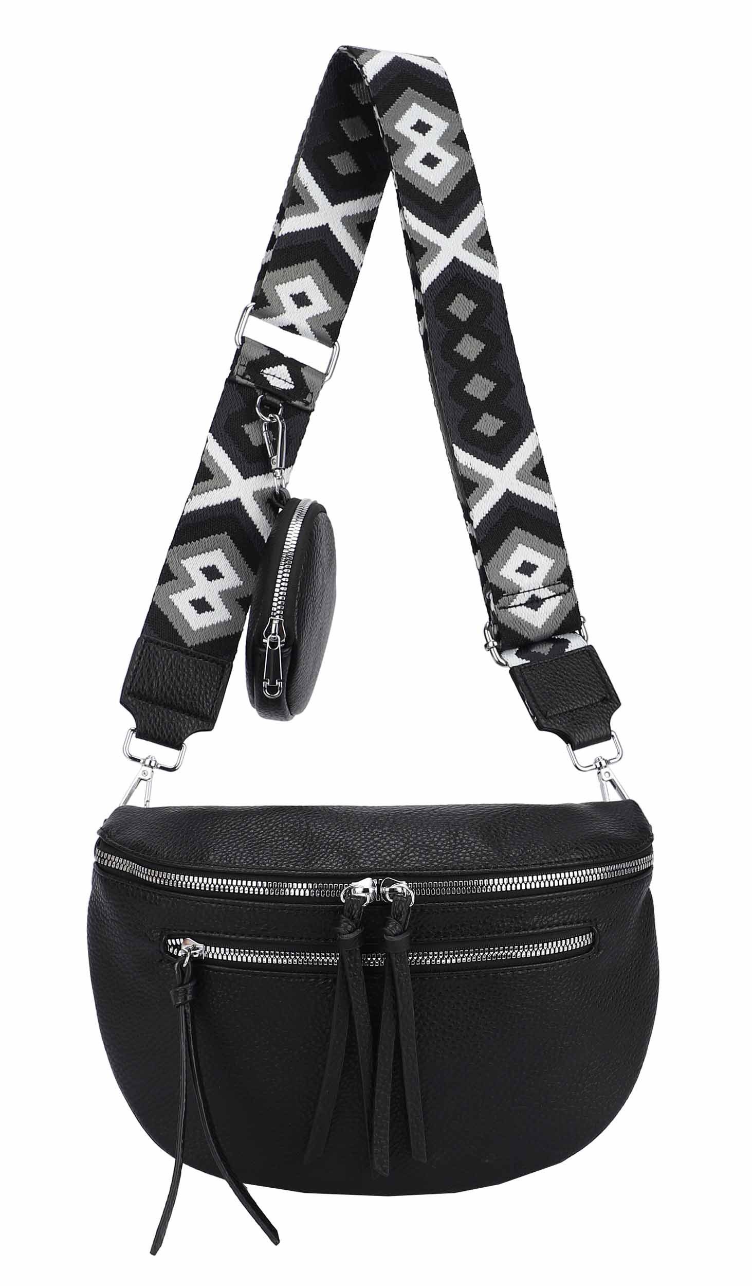 ITALYSHOP24 Bauchtasche Damen Brusttasche Crossover Umhängetasche CrossBody Bag Geldtasche (Spar-Set aus einer Tasche mit einem breitem Muster Stoffgurt/Umhängeband, 1 Tasche + 1 kleine abnehmbare vielseitige Geldtasche als Geschenk), Bodybag, Handytasche, Hüfttasche, Schultertasche, leicht Gewicht