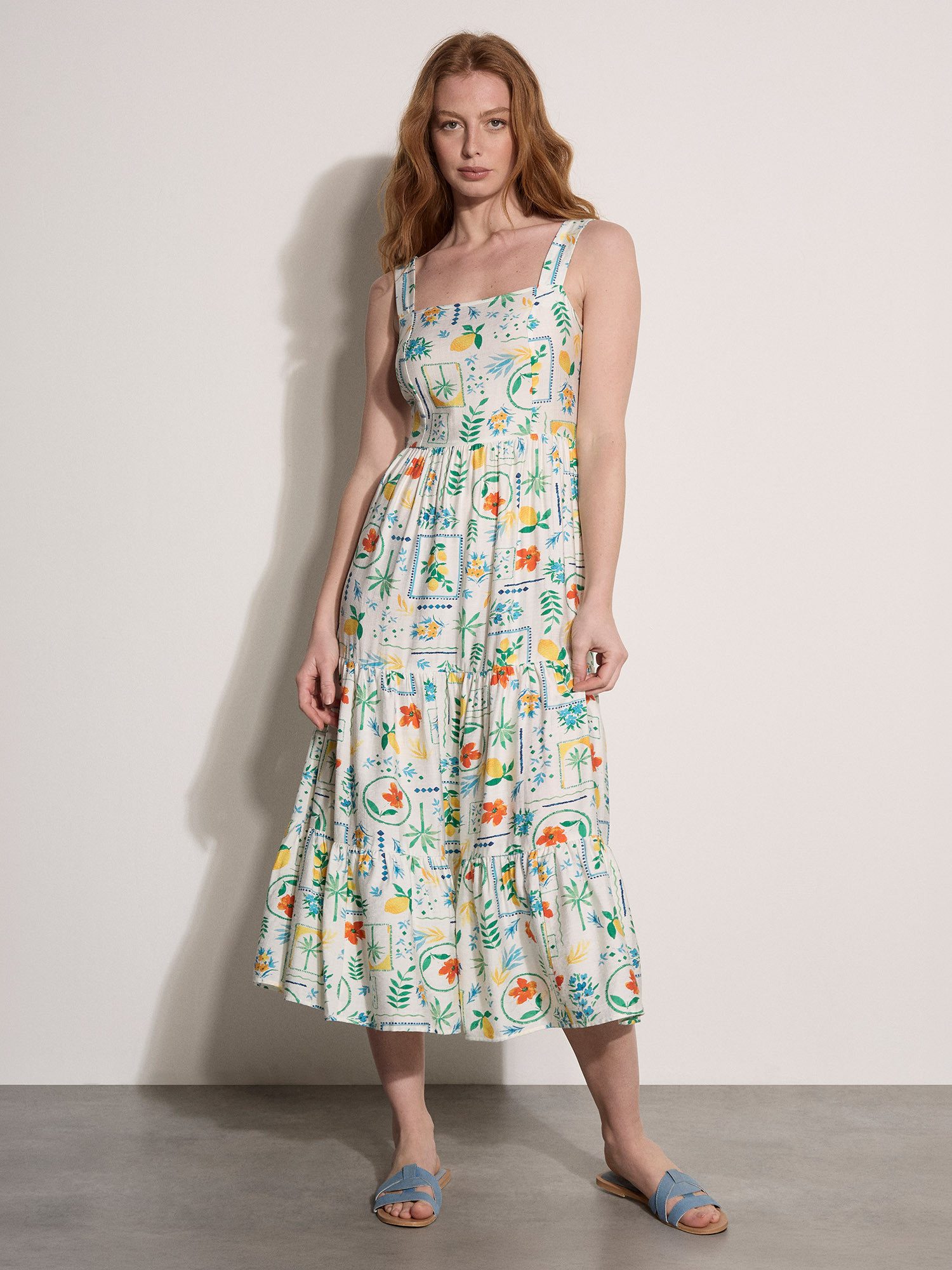 Apricot Midikleid Gestuftes Midi-Kleid mit Raffung und Blumenprint