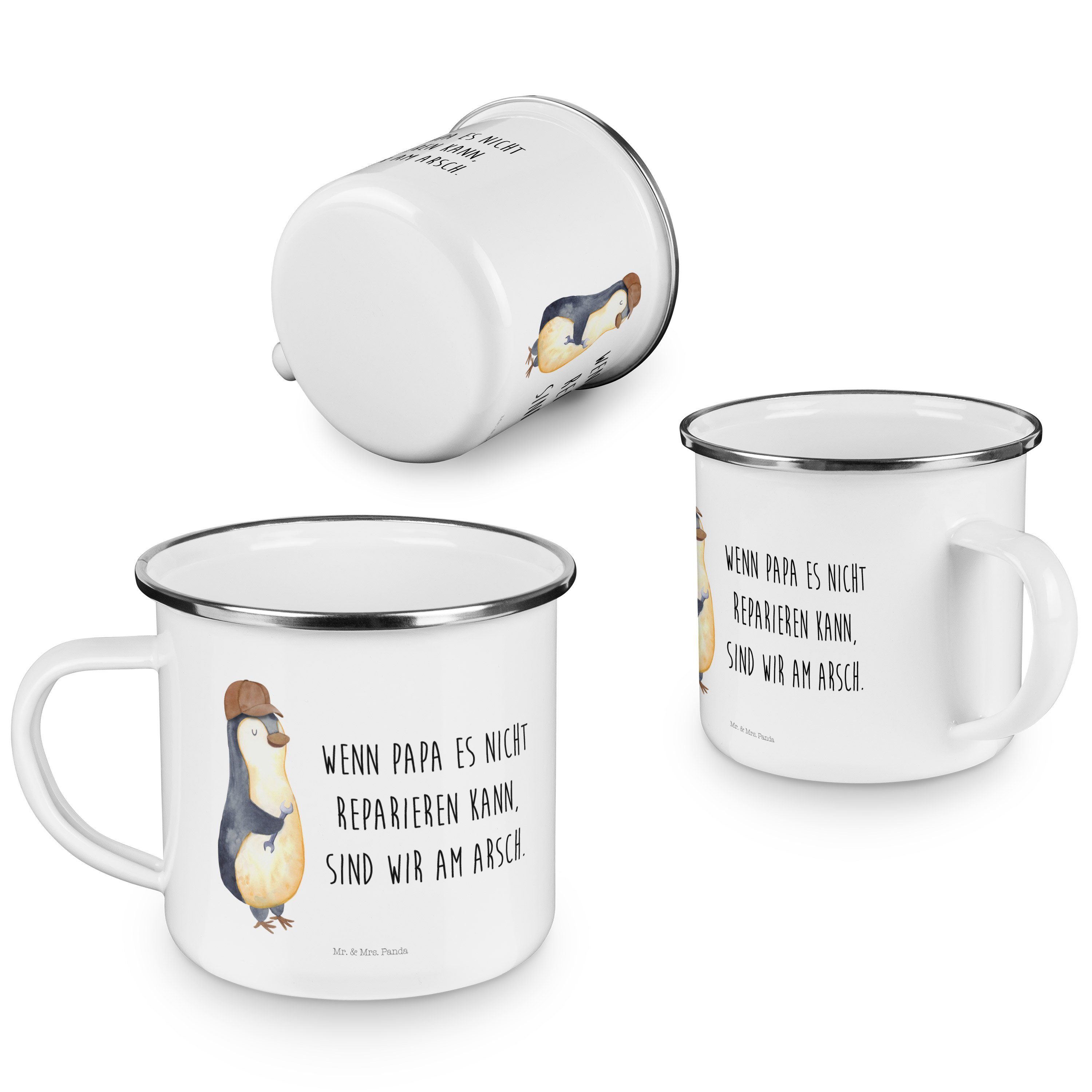 Mr. & Kaffee, Weiß Emaille - Becher mit Selbstliebe, - Geschenk, Schraubenschlüssel Panda Pinguin Mrs