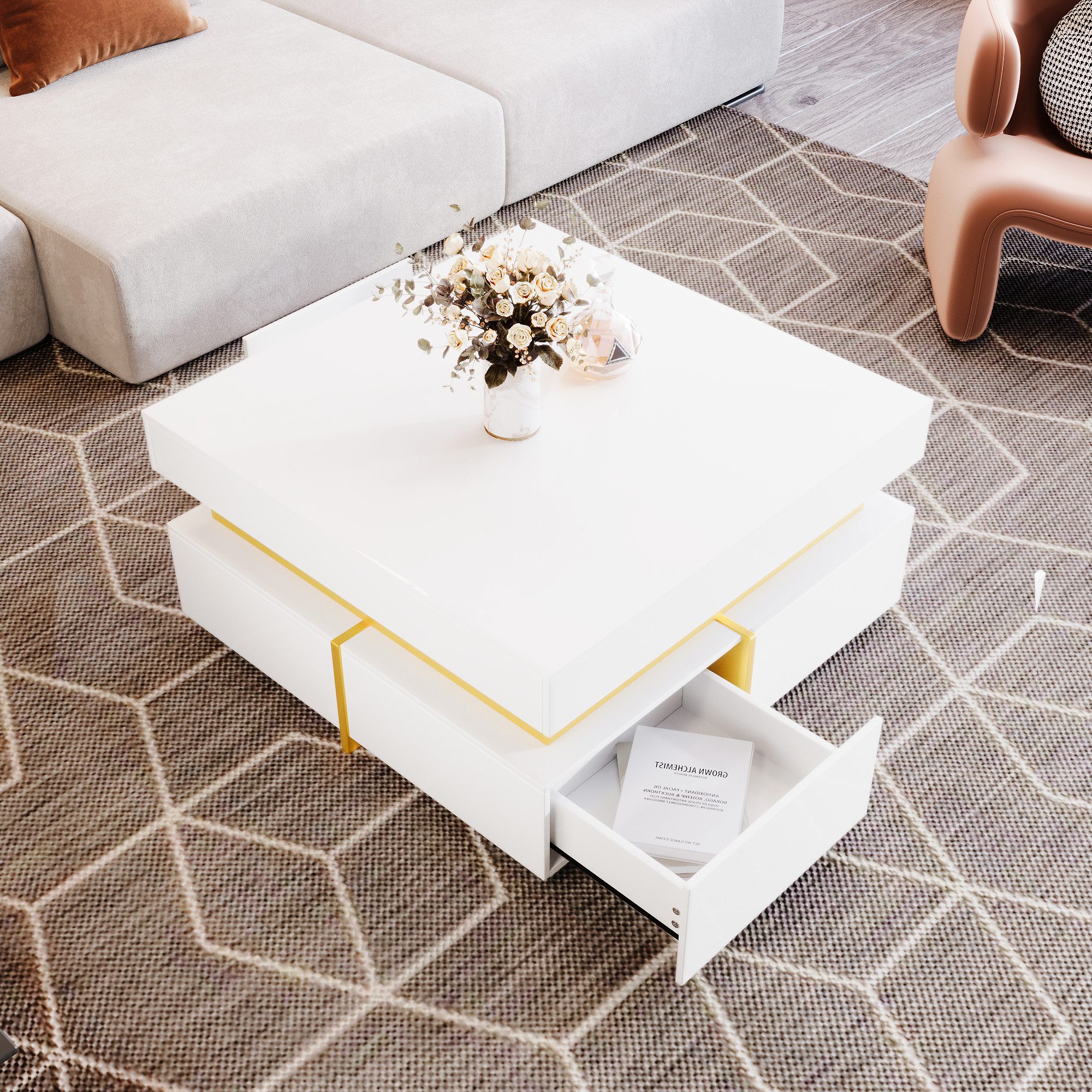 IDEASY Couchtisch Hochglanz Couchtisch, Wohnzimmertisch, quadratisch modernes Design (70x 35,5x 70 cm, 60 kg belastbar), Couchtisch mit Stauraum, mit 2 Schubladen, stilvolles Golddekor