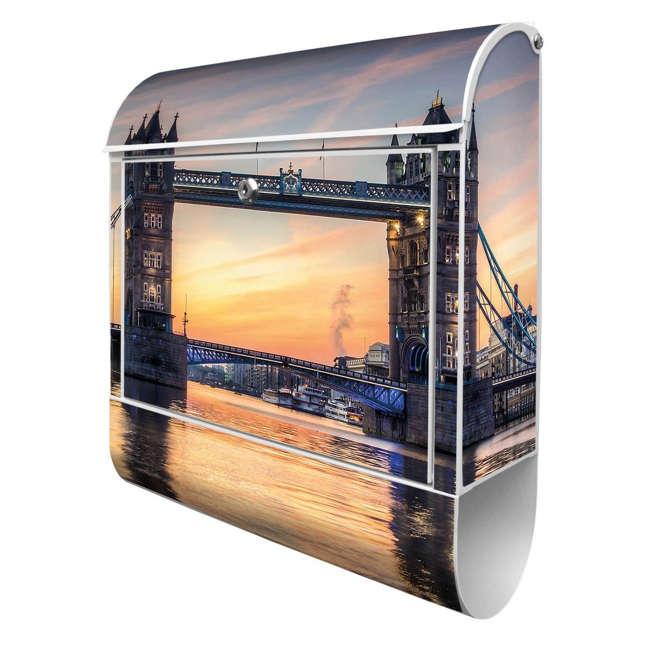 banjado Wandbriefkasten Stahl Tower Bridge (Wandbriefkasten witterungsbeständig, pulverbeschichtet, mit Zeitungsfach), 39 x 47 x 14cm weiß