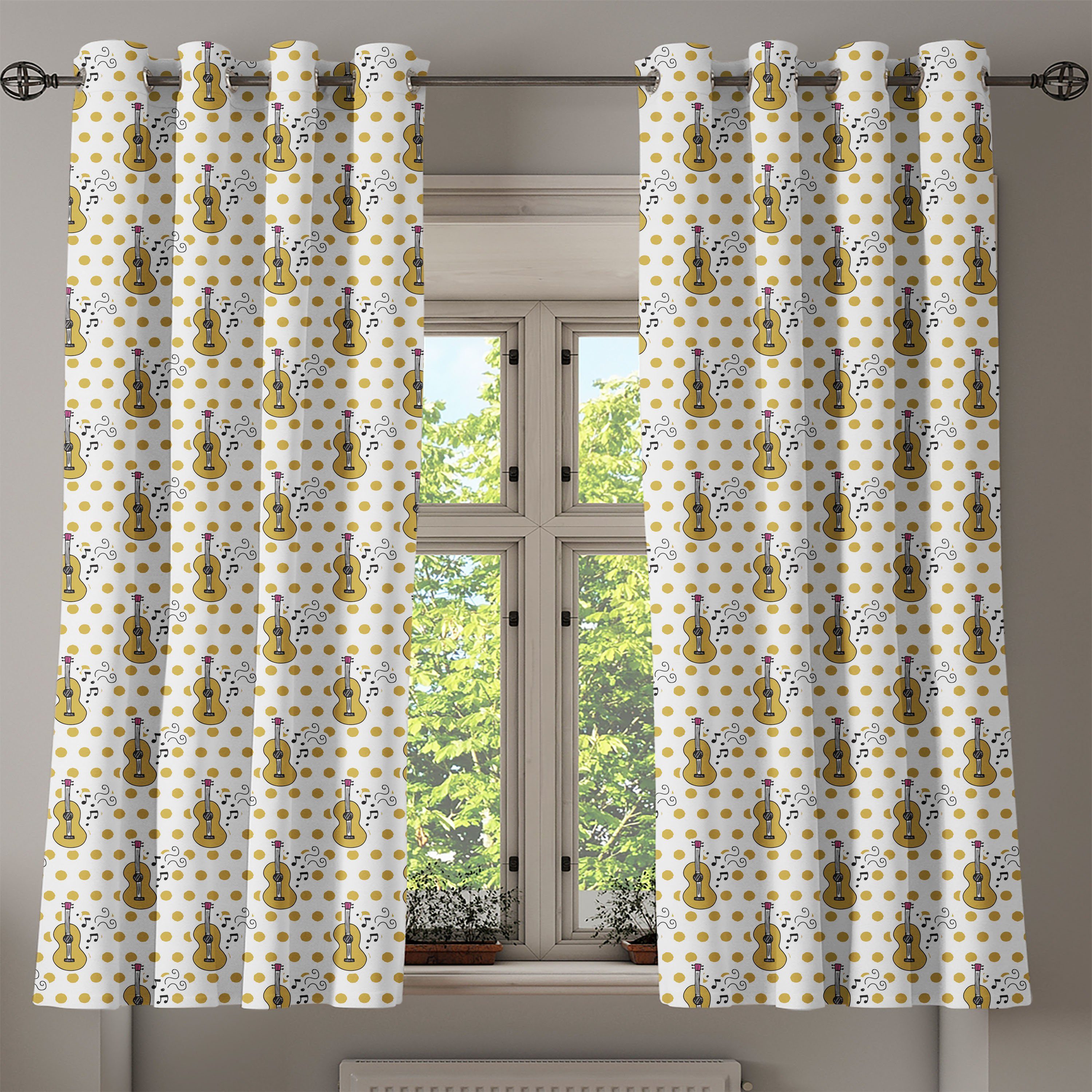 Gardine Dekorative 2-Panel-Fenstervorhänge für Schlafzimmer Gitarre Retro Wohnzimmer, Abakuhaus, handgezeichneten Stil
