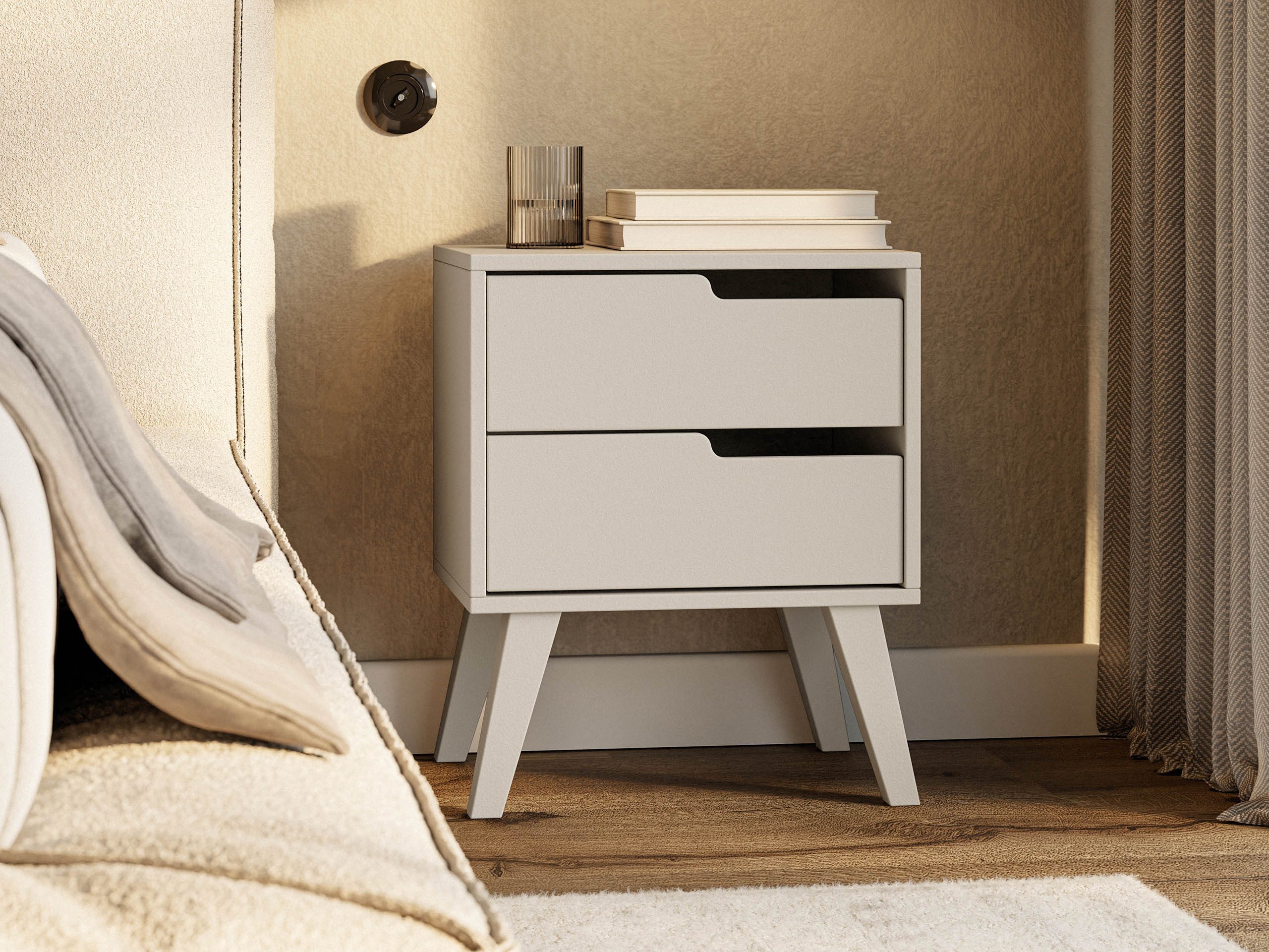 MIRJAN24 Nachttisch Nordelo 2S (mit zwei Schubleden), Links oder rechts, Holzfüße