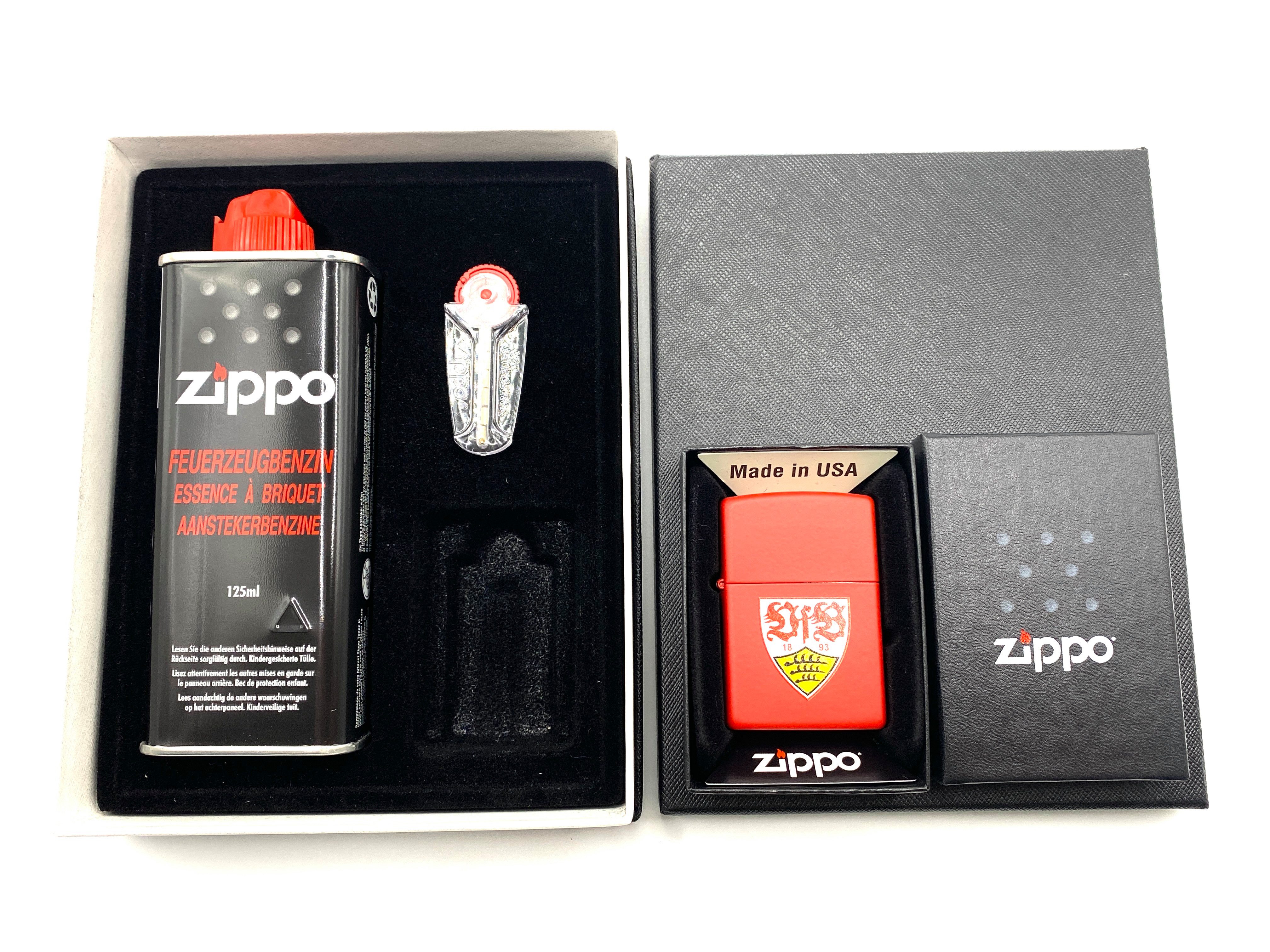 Zippo Feuerzeug Fussball VFB Stuttgart matt rot Geschenkidee (4-St), mit Benzin oder als Geschenkset zur Auswahl