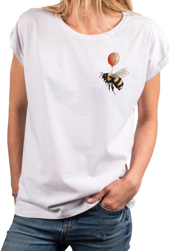 MAKAYA T-Shirt Damen-Top mit kleinem Hummel-Print – lustiges, freches Sommer-Motiv (Weiß, Rosa, Hellgrau, Grün, Dunkelgrau, Blau, 34, 36, 38, 40, 42, 44, 46, 48, 50) Baumwolle