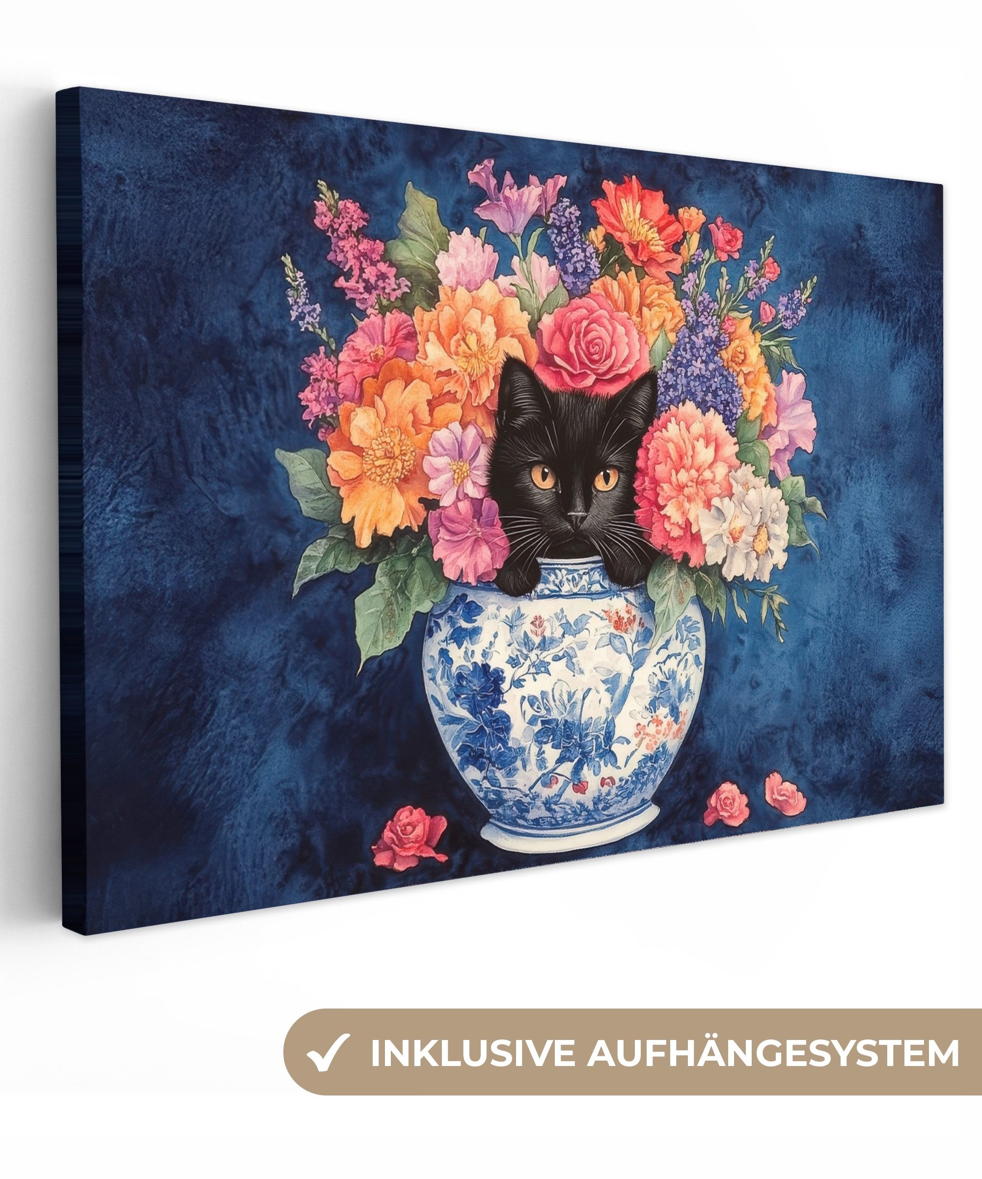 OneMillionCanvasses® Leinwandbild Katze - Bunte Blumen günstig online kaufen