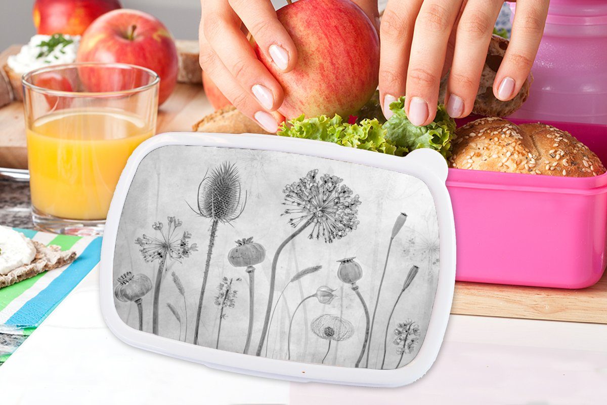 MuchoWow Lunchbox Natur, weiß Kunststoff Erwachsene, Brotbox für Stilleben Mädchen, - Kunststoff, rosa (2-tlg), Brotdose - Kinder, Schwarz Snackbox, und