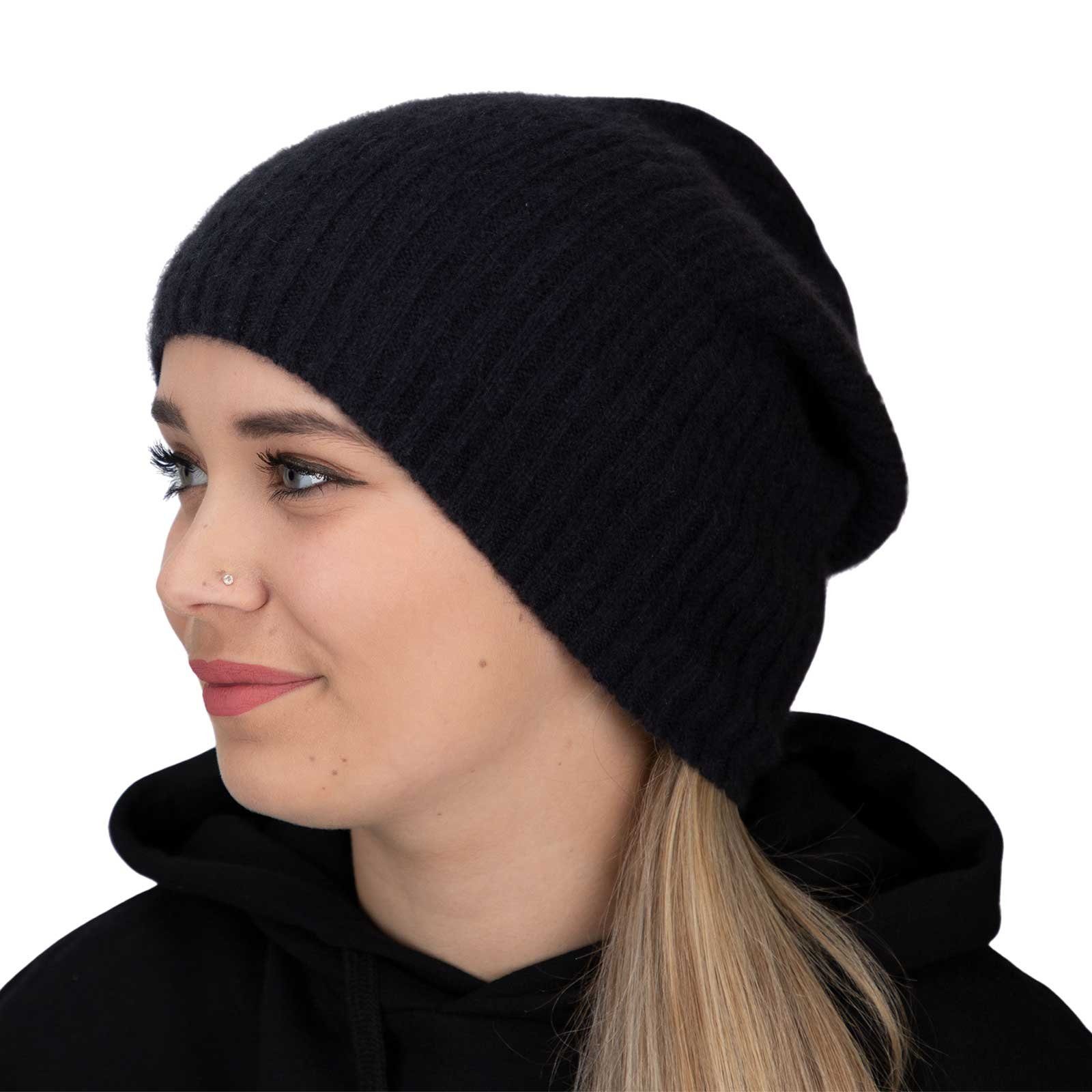 KUNST UND MAGIE Beanie Unisex Schwarz Mütze Long gerippt Wolle Kashmir Slouch Beanie aus