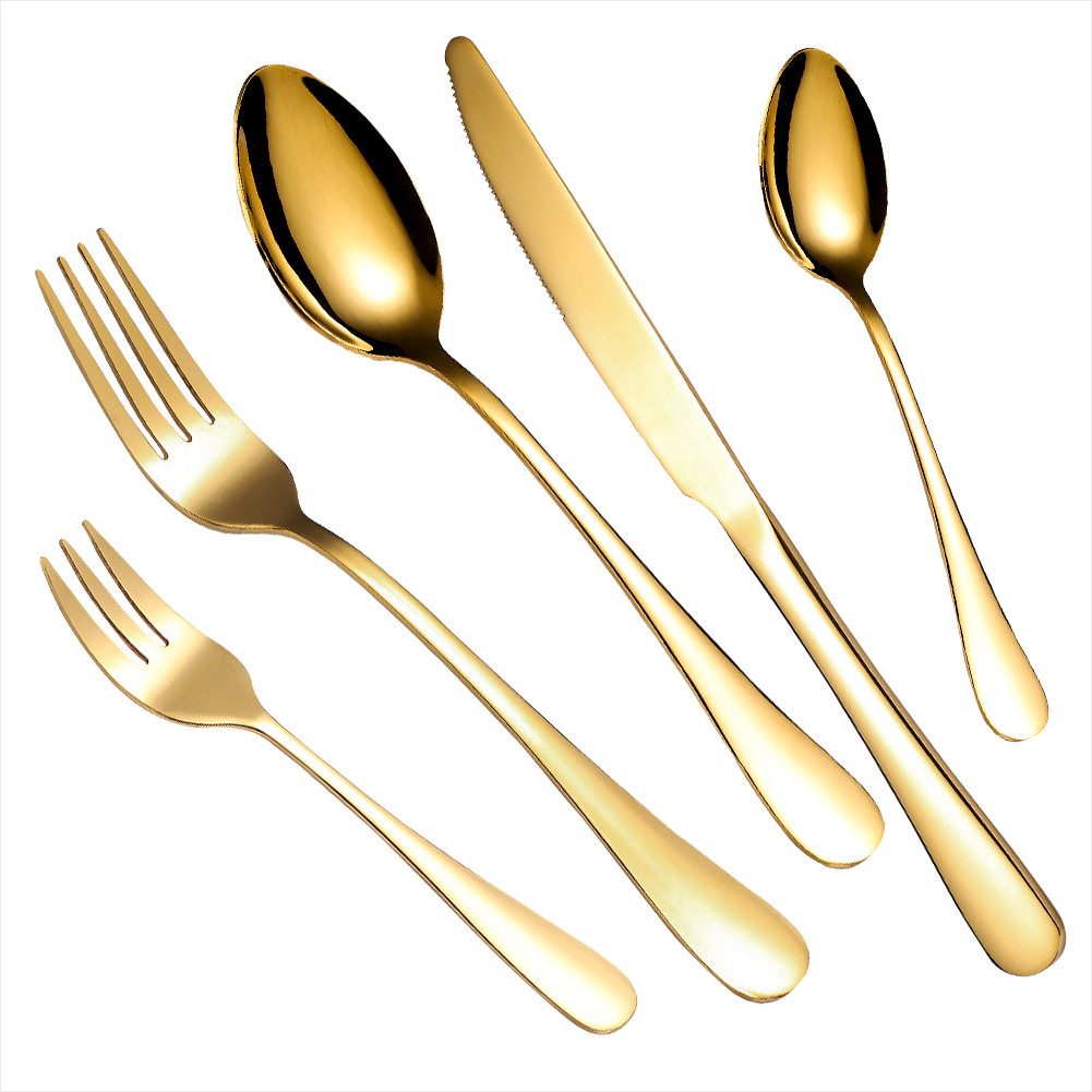 UniqueFire Besteck-Set 60teilig Essbesteck Gold glänzend mit Messer Gabel Löffel (60-tlg), 12 Personen, Edelstahl