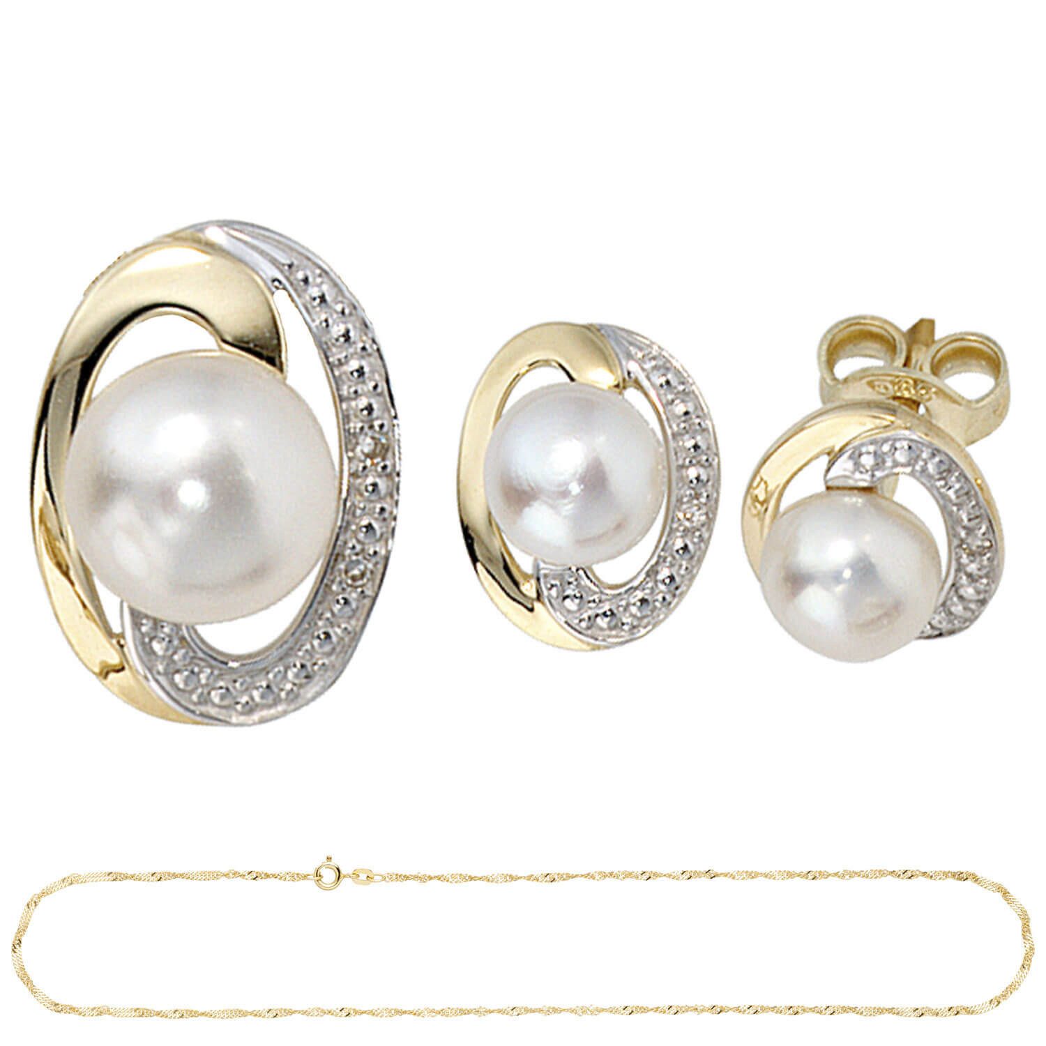 Schmuck Krone Schmuckset Schmuck-Set, 585 Gold bicolor, 3 Perlen 4 Diamanten, 45cm, Gold 585
