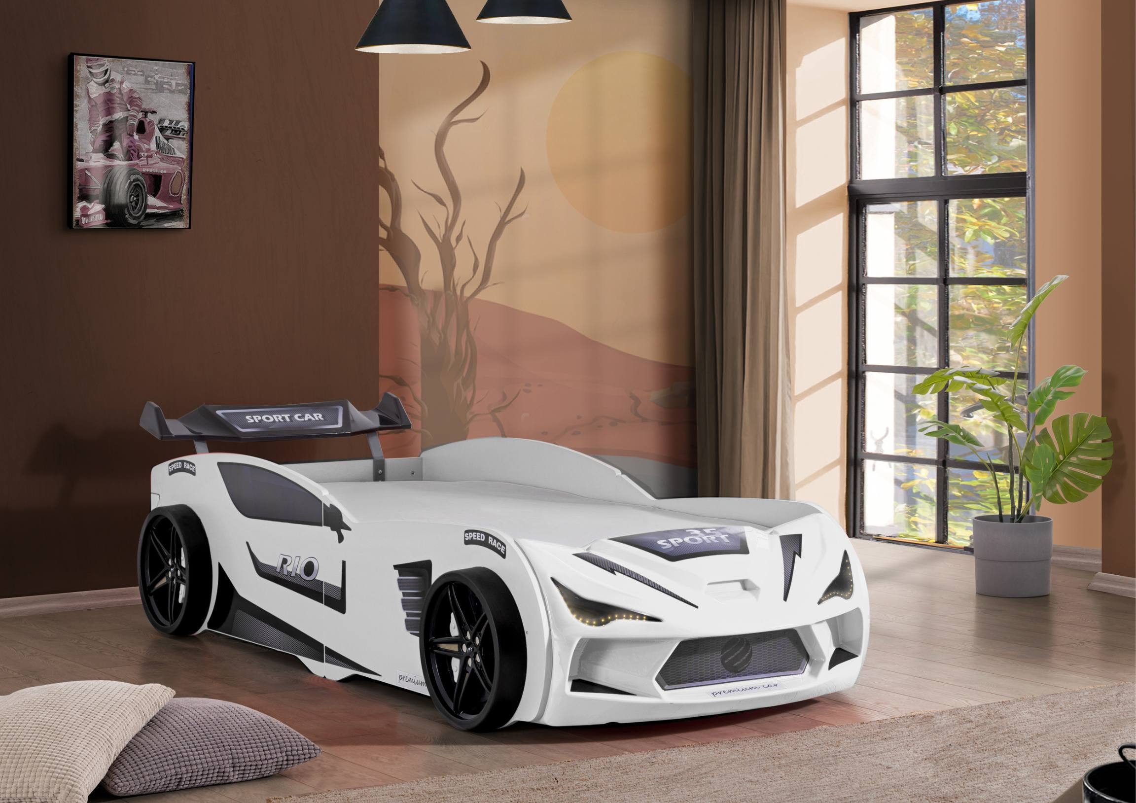 Aileenstore Autobett Rio II, Kinderbett 90 x 200 cm, inkl. Lattenrost, Heckspoiler LED-Beleuchtung