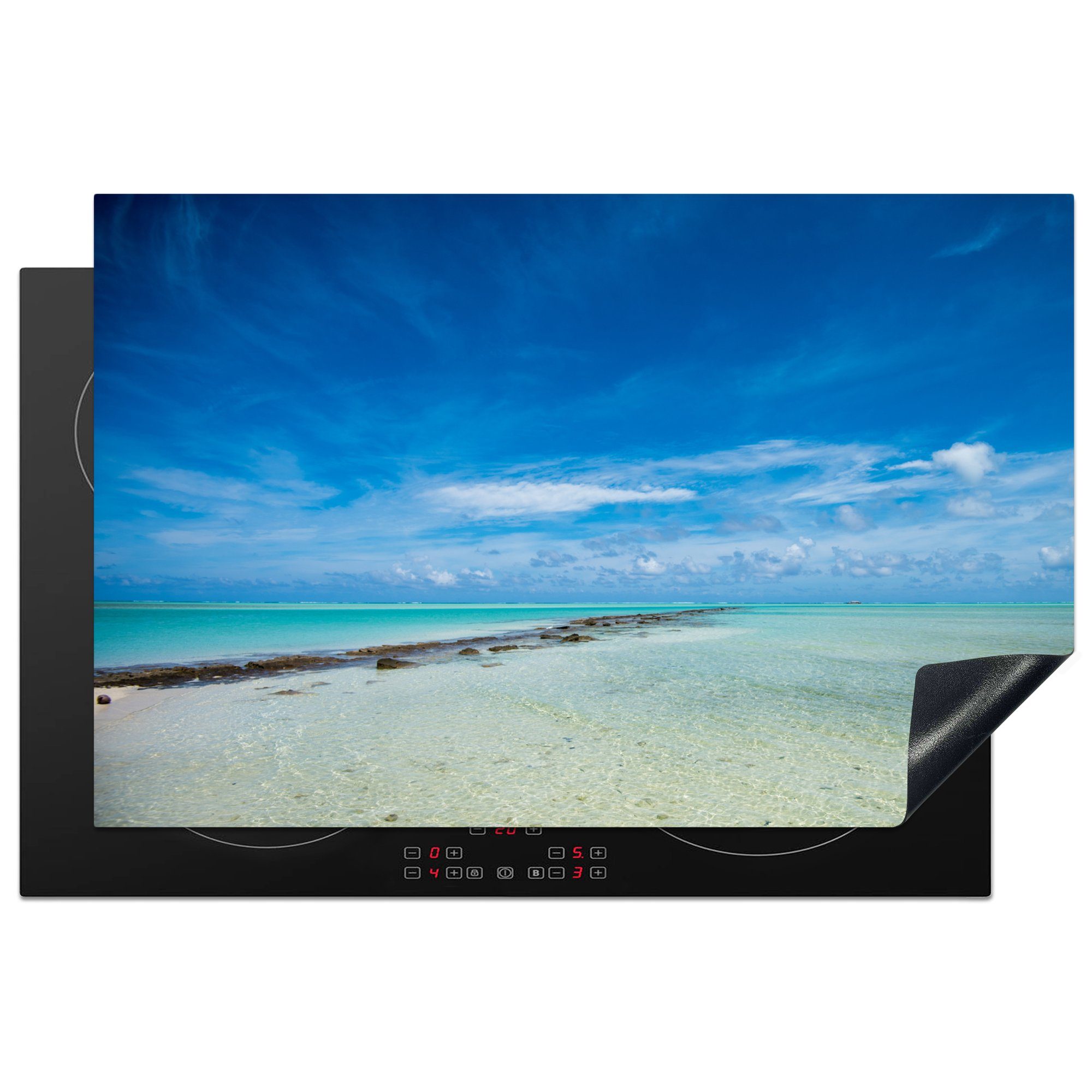 MuchoWow Herdblende-/Abdeckplatte Ein Blick auf die Aitutaki-Lagune von One Foot Island aus, Vinyl, (1 tlg), 81x52 cm, Induktionskochfeld Schutz für die küche, Ceranfeldabdeckung | Herdabdeckplatten