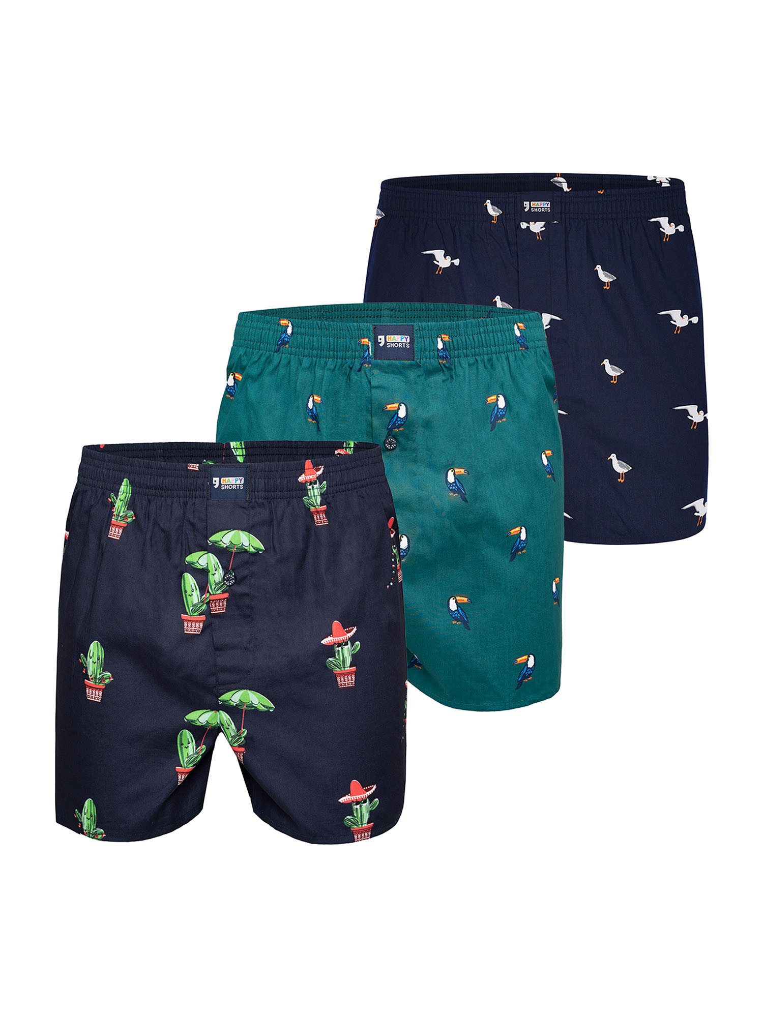HAPPY SHORTS Boxer Funny Motives - hochwertige Shorts mit verschiedenen Motiven (3-St) American Boxershorts - breiter Komfortbund - witzig, bunt und bequem