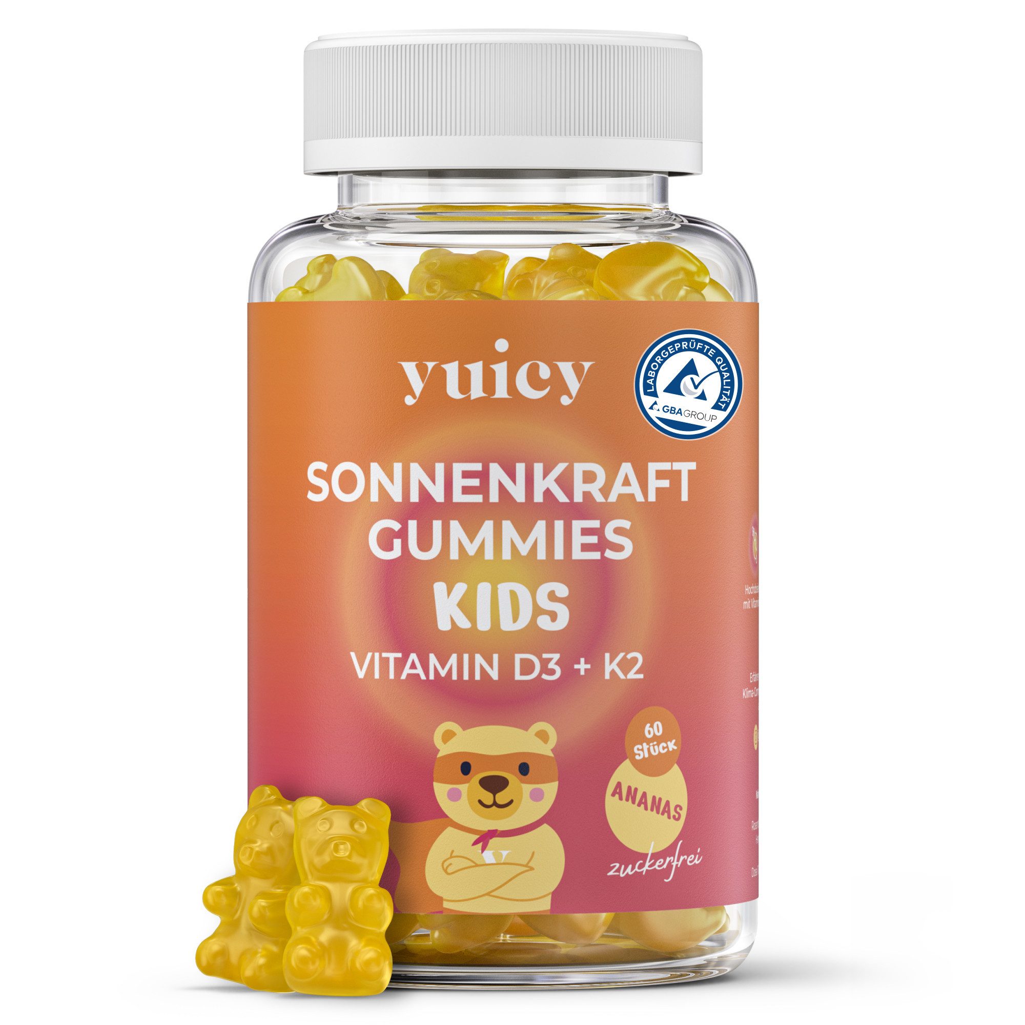 yuicy Kids Sonnenkraft – Vitamin D3 + K2 Gummibärchen für Kinder Gummies, 60 St., 150 g