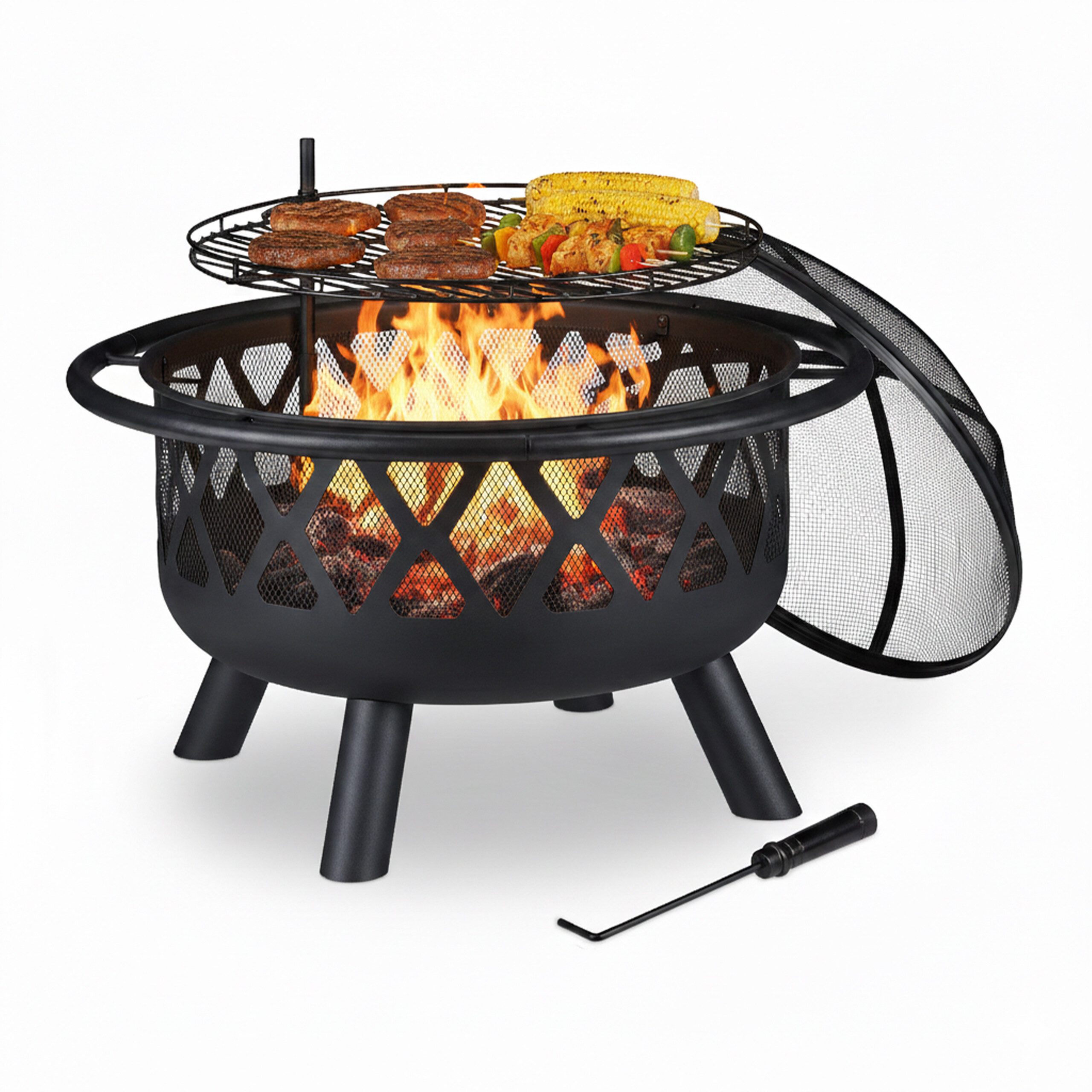 relaxdays Feuerschale mit Grillrost & Funkenschutz