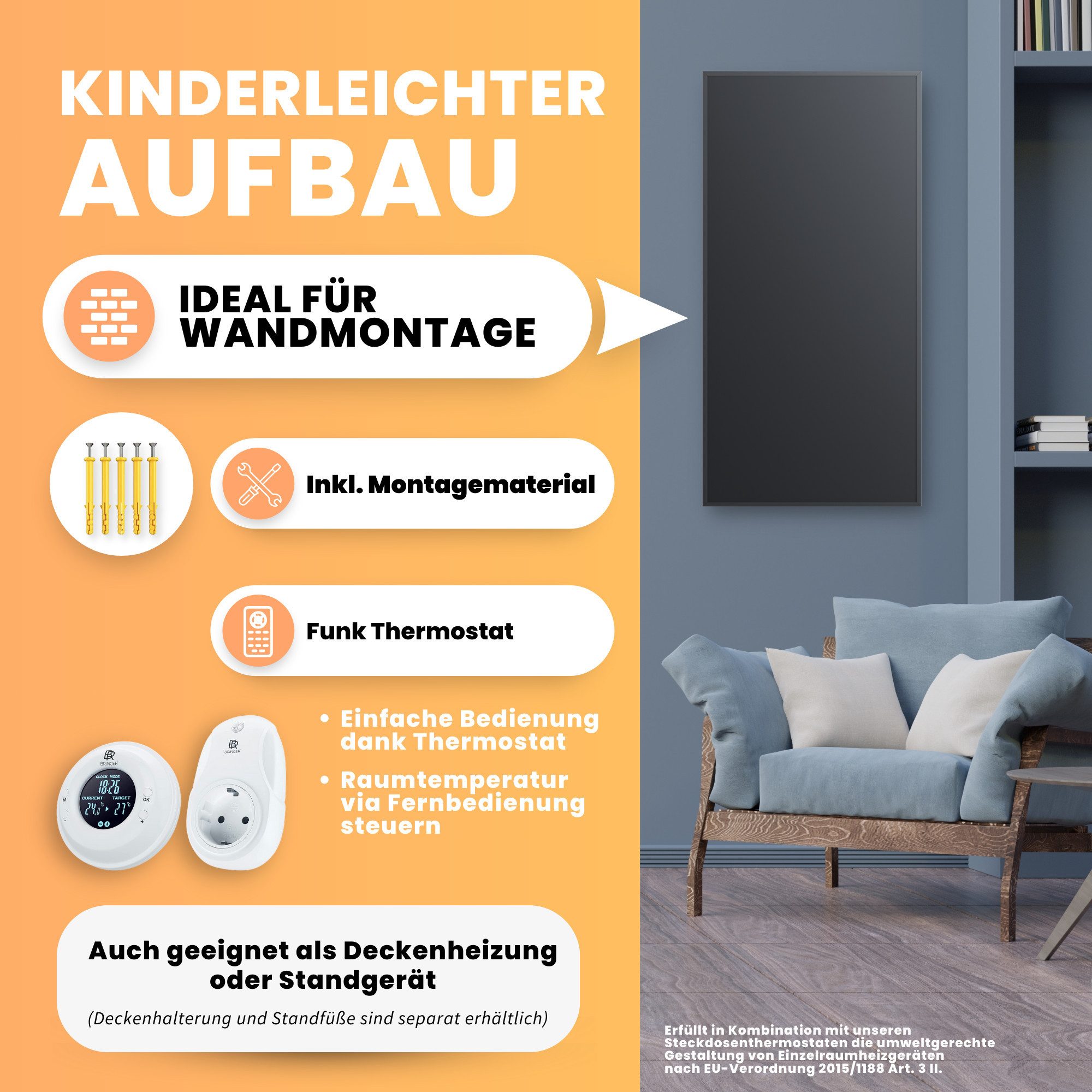 Bringer Infrarotheizung Wandheizung, 300-1200 Watt mit Thermostat Elektroheizung Schwarz – Bild 4 von 5